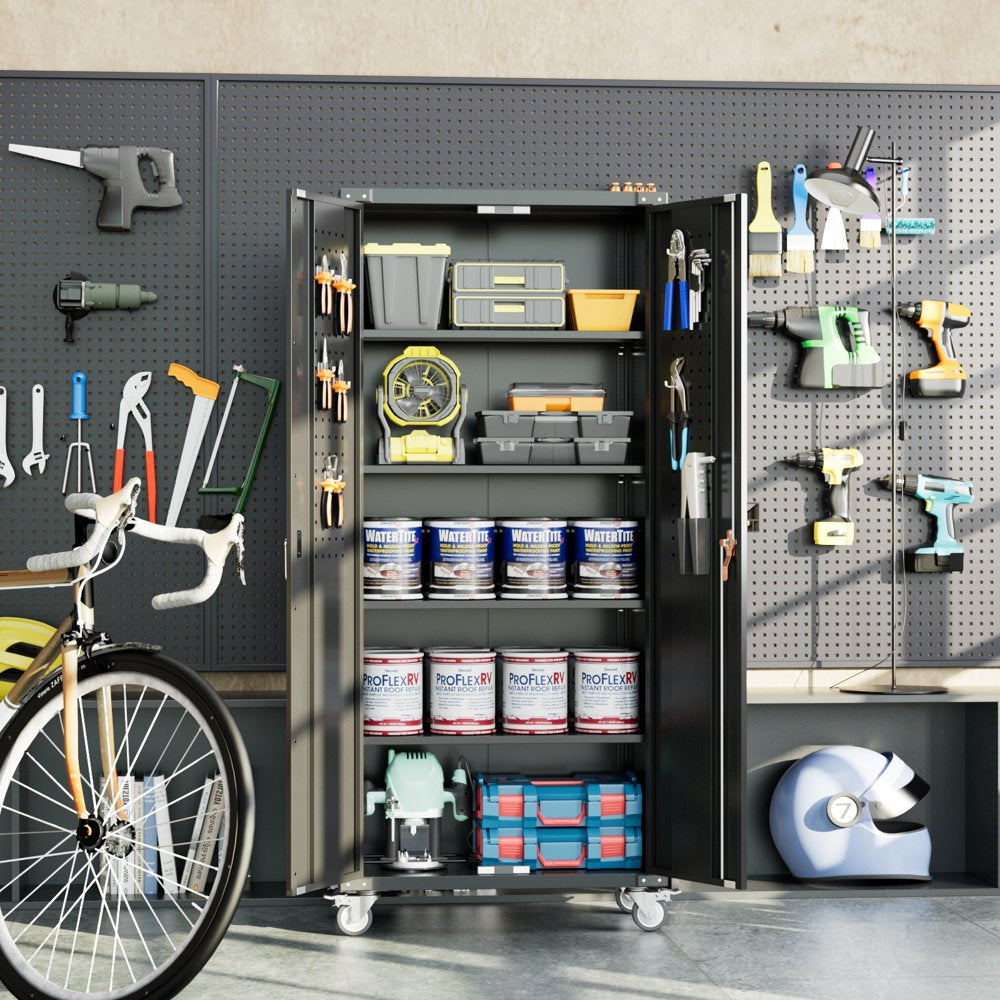 GangMei 72′′ Black Metal Garage Storage Cabinet with Wheels & Pegboard, 4 Adjustable Shelves, Lockable Tool Organizer