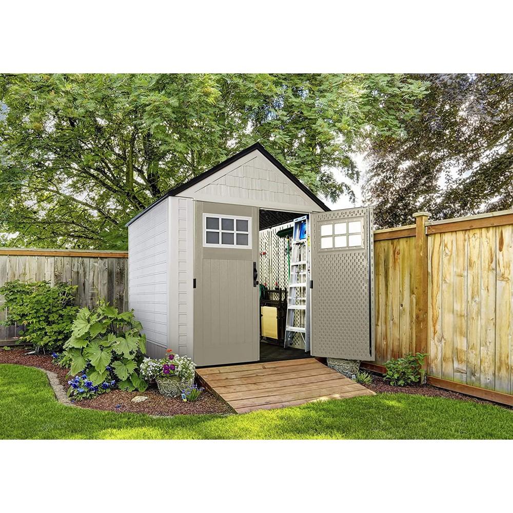 Rubbermaid 7×7 Ft Durable Weather Resistant Resin Outdoor Garden Storage Shed with Windows and Utility Hooks, Sand