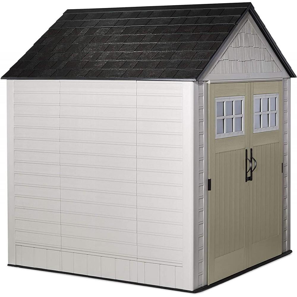 Rubbermaid 7×7 Ft Durable Weather Resistant Resin Outdoor Garden Storage Shed with Windows and Utility Hooks, Sand
