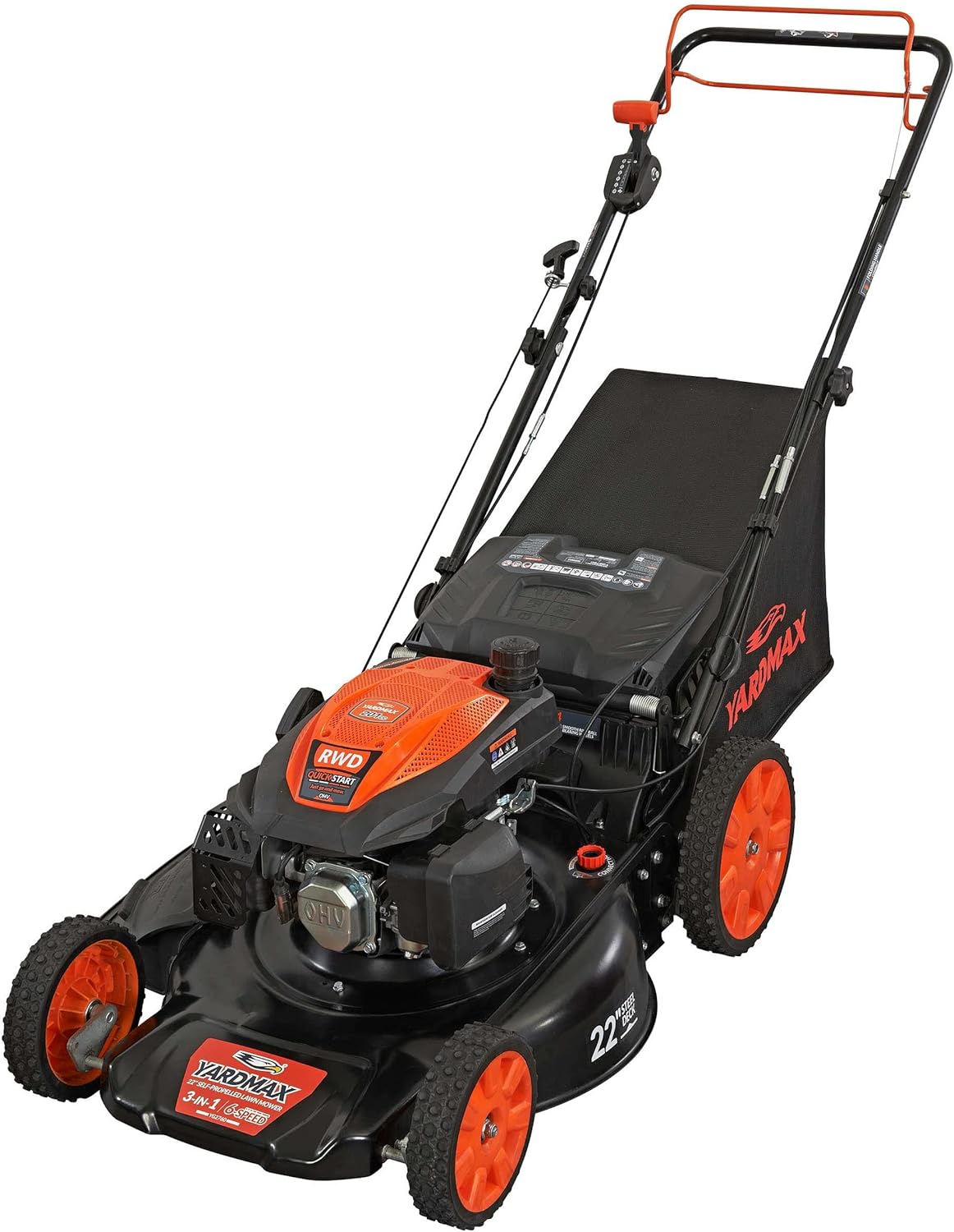 YARDMAX 22′′ Gas Self Propelled Lawn Mower, 201cc, 6-Speed CVT, High Wheel RWD, 3-in-1, Black