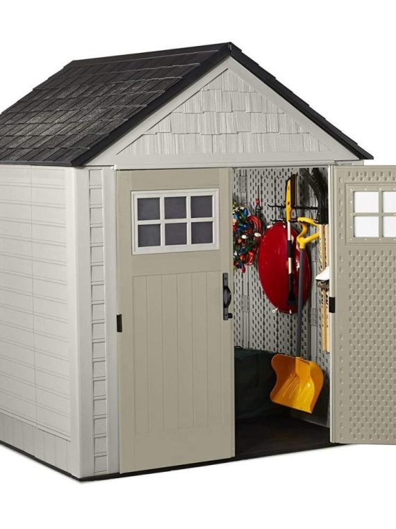 Rubbermaid 7×7 Ft Durable Weather Resistant Resin Outdoor Garden Storage Shed with Windows and Utility Hooks, Sand