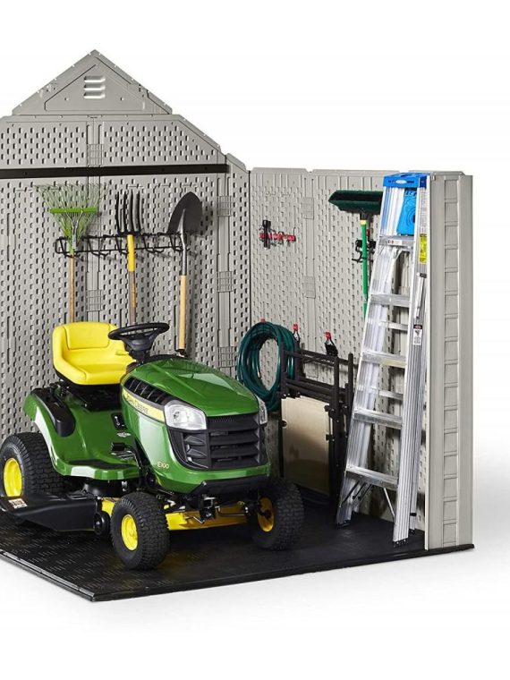 Rubbermaid 7×7 Ft Durable Weather Resistant Resin Outdoor Garden Storage Shed with Windows and Utility Hooks, Sand