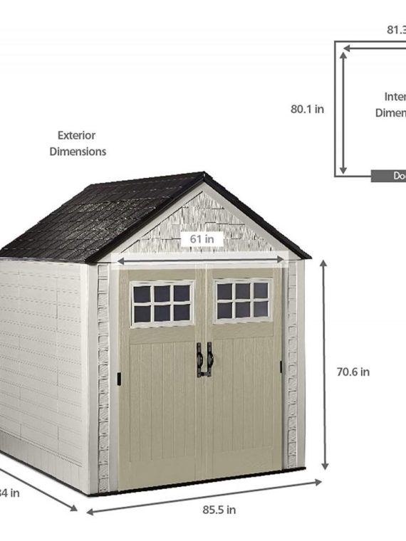 Rubbermaid 7×7 Ft Durable Weather Resistant Resin Outdoor Garden Storage Shed with Windows and Utility Hooks, Sand