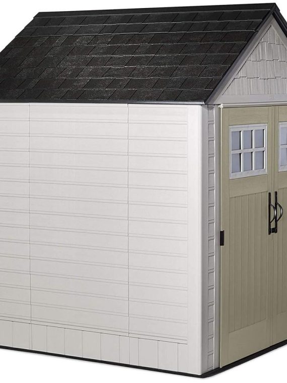 Rubbermaid 7×7 Ft Durable Weather Resistant Resin Outdoor Garden Storage Shed with Windows and Utility Hooks, Sand