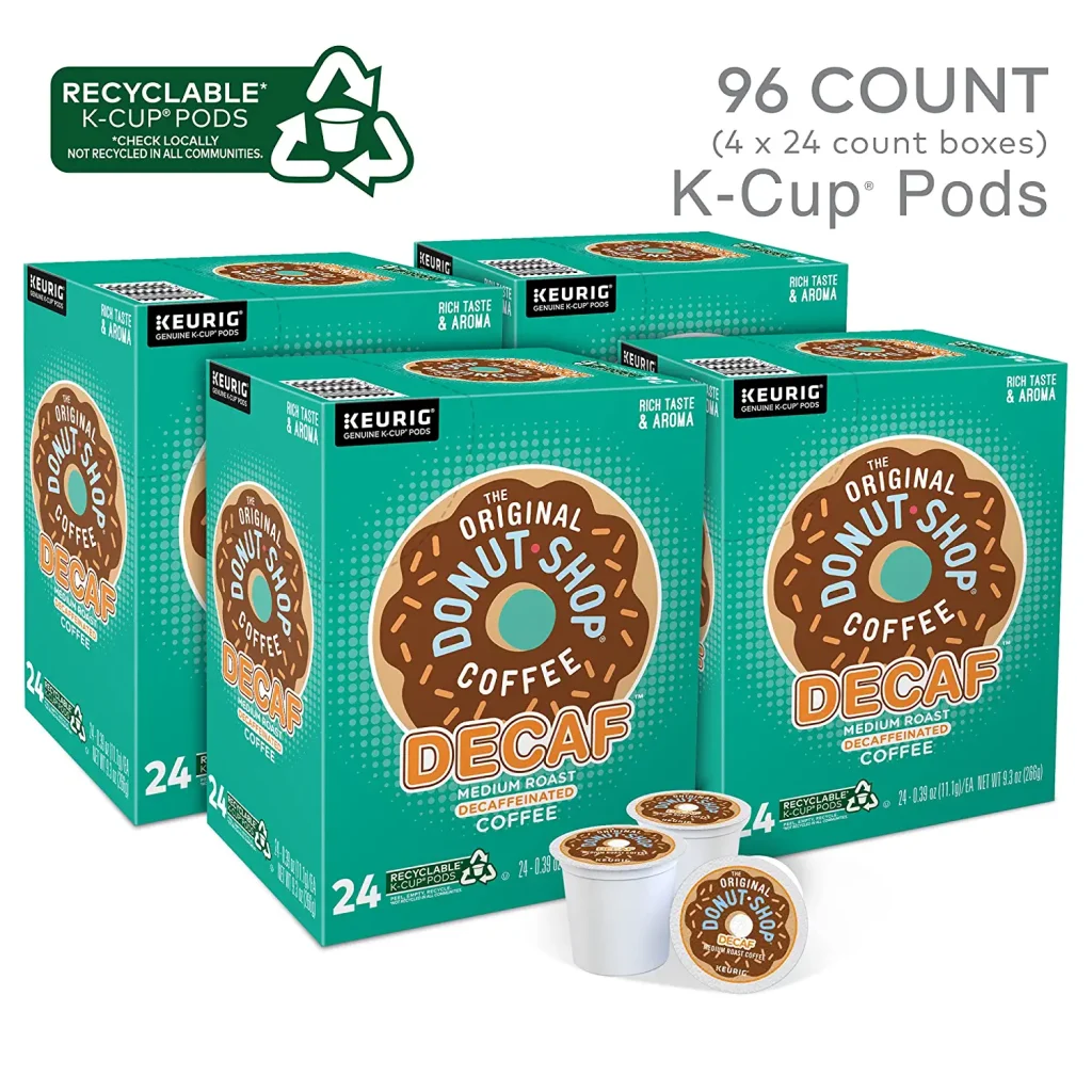 The Original Donut Shop Decaf Medium Roast K-Cup Pods, 96 Count – Compatible with Keurig, Kosher Certified, Recyclable