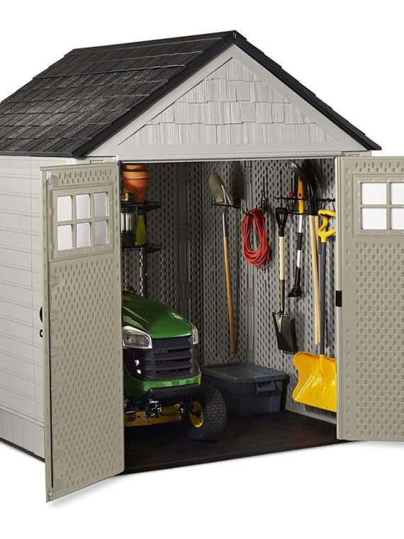 Rubbermaid 7×7 Ft Durable Weather Resistant Resin Outdoor Garden Storage Shed with Windows and Utility Hooks, Sand