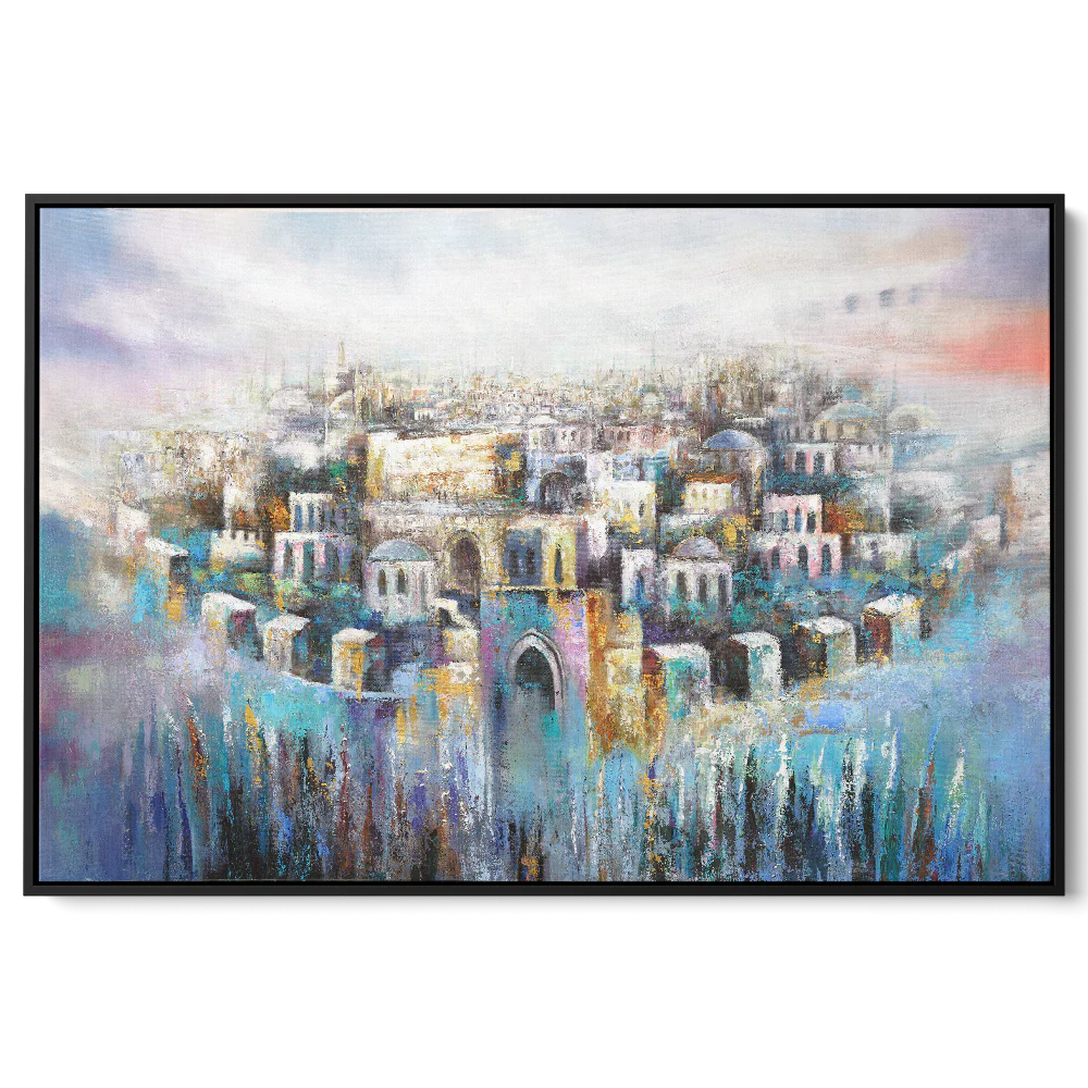 Jerusalem in Heart - Modern Jewish Art of Old City in Blue and Purple by Yossi Bitton