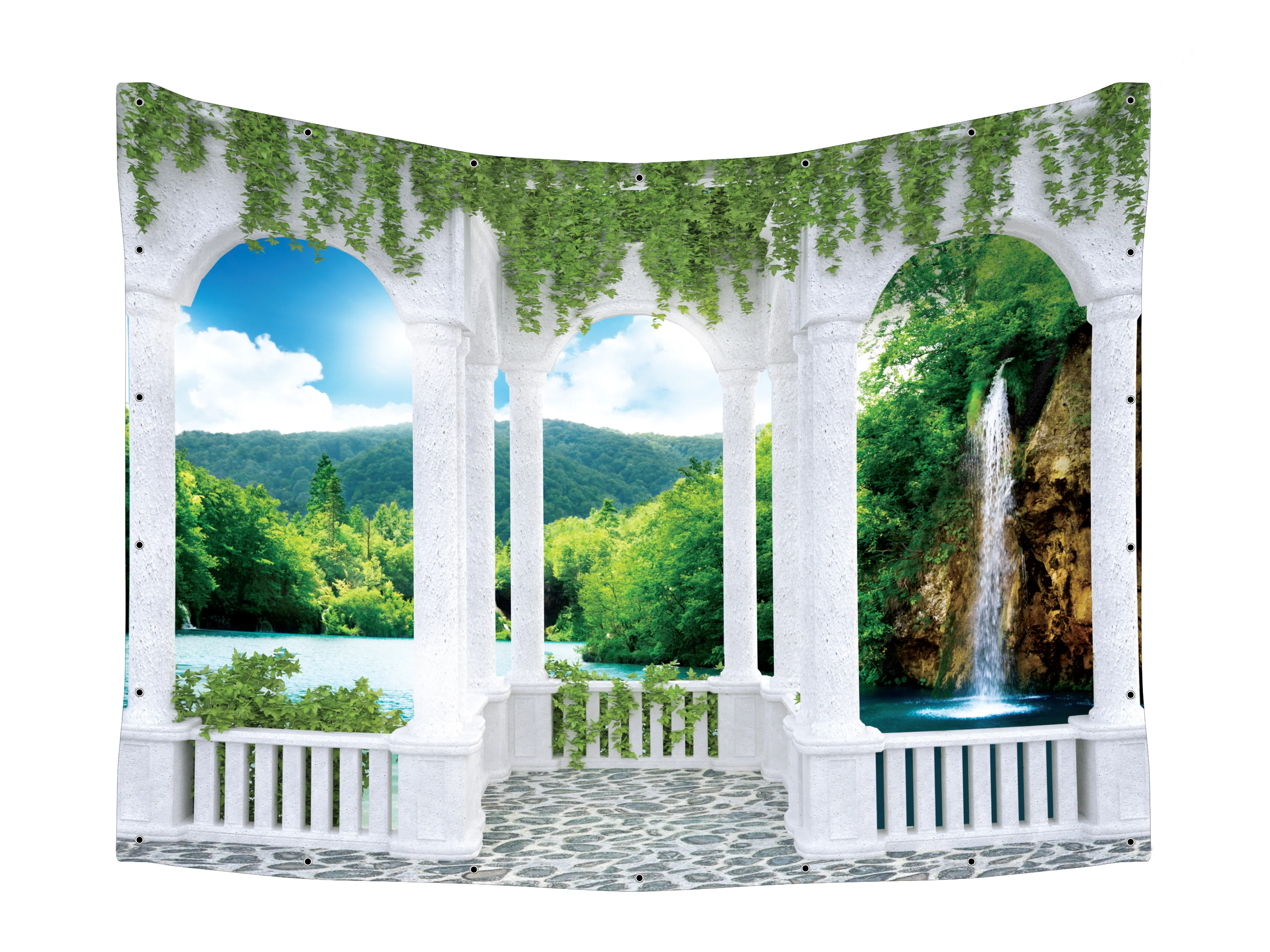 Waterfall & Lake View Fabric - Stone Balcony Design - UV Proof Sukkah Decor