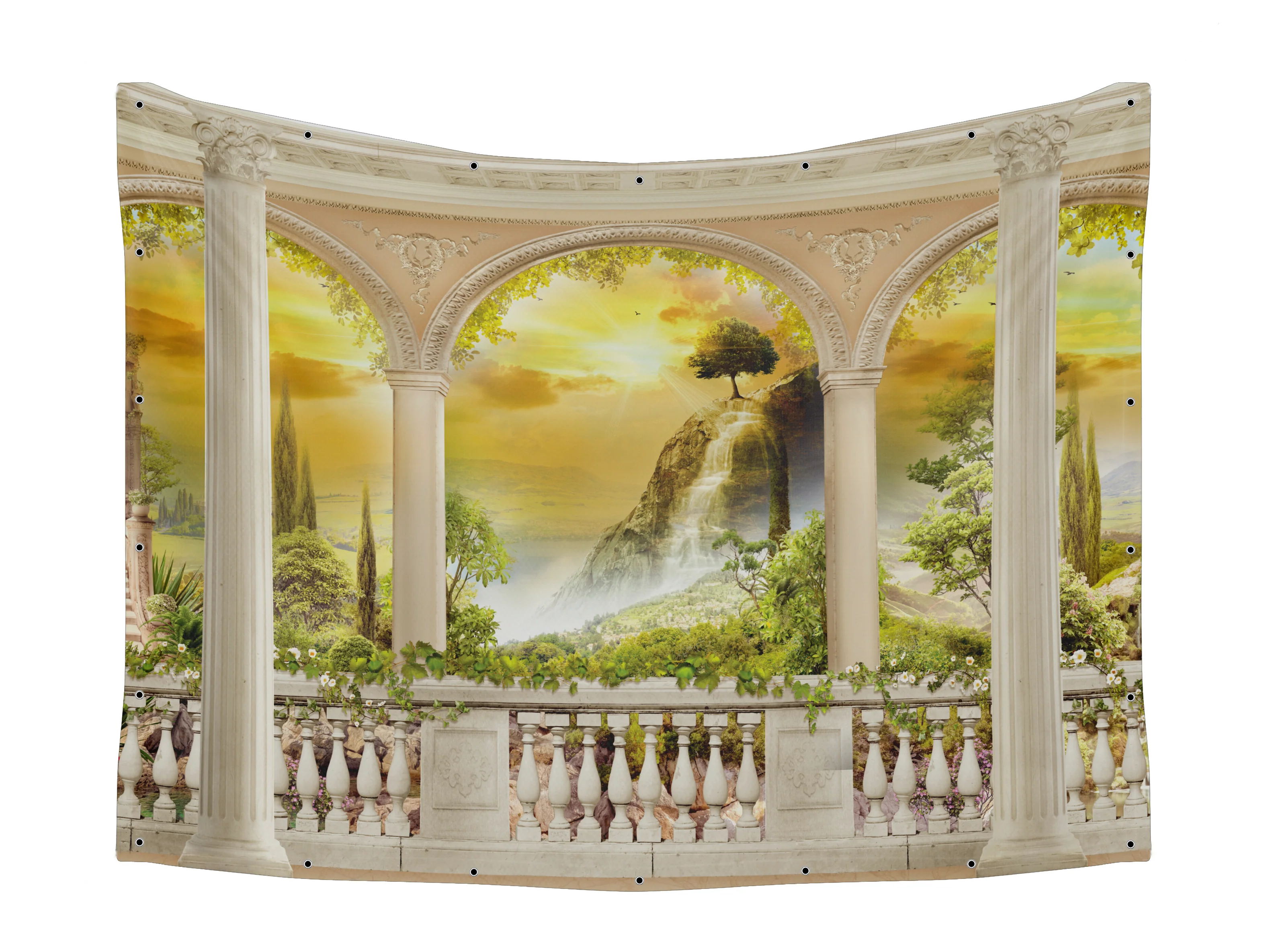 Mountain View & Glowing Sky Fabric - Stone Balcony Sukkah Decor