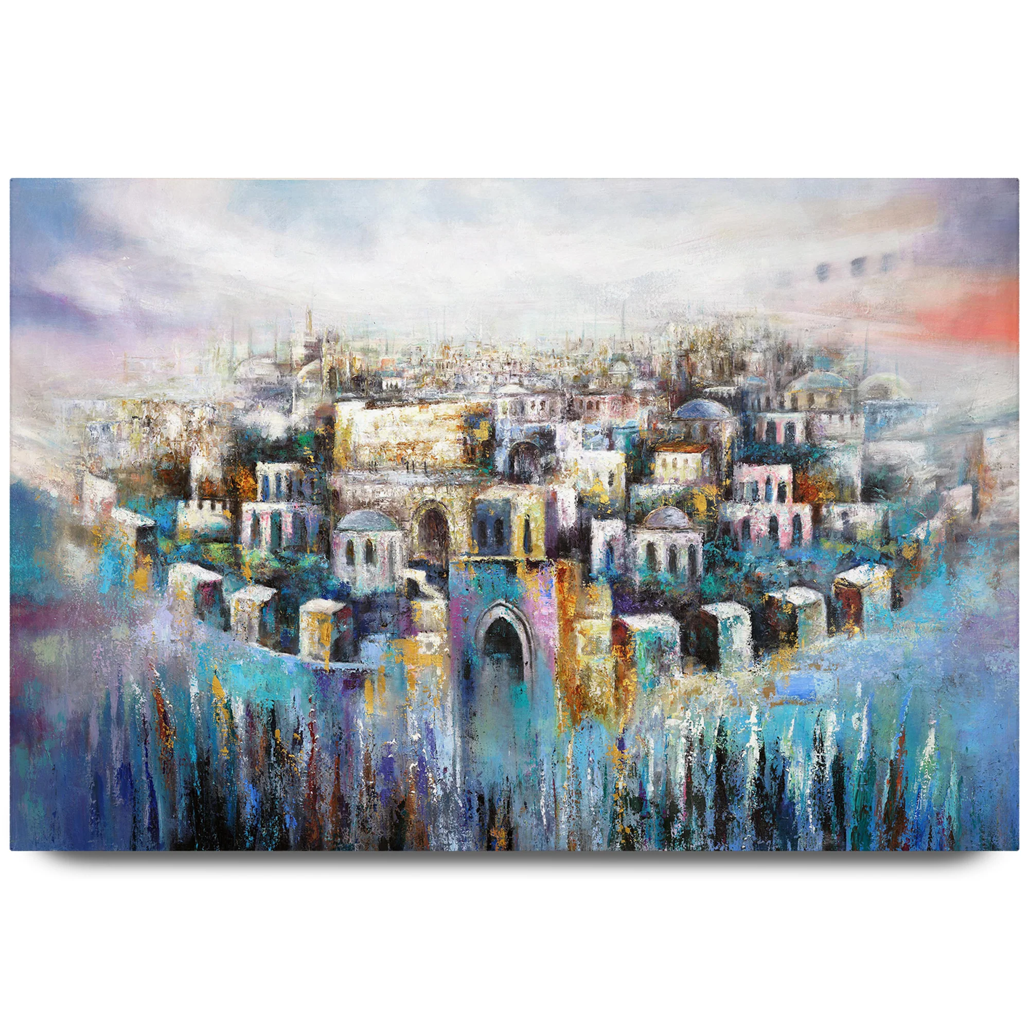 Jerusalem in Heart - Modern Jewish Art of Old City in Blue and Purple by Yossi Bitton