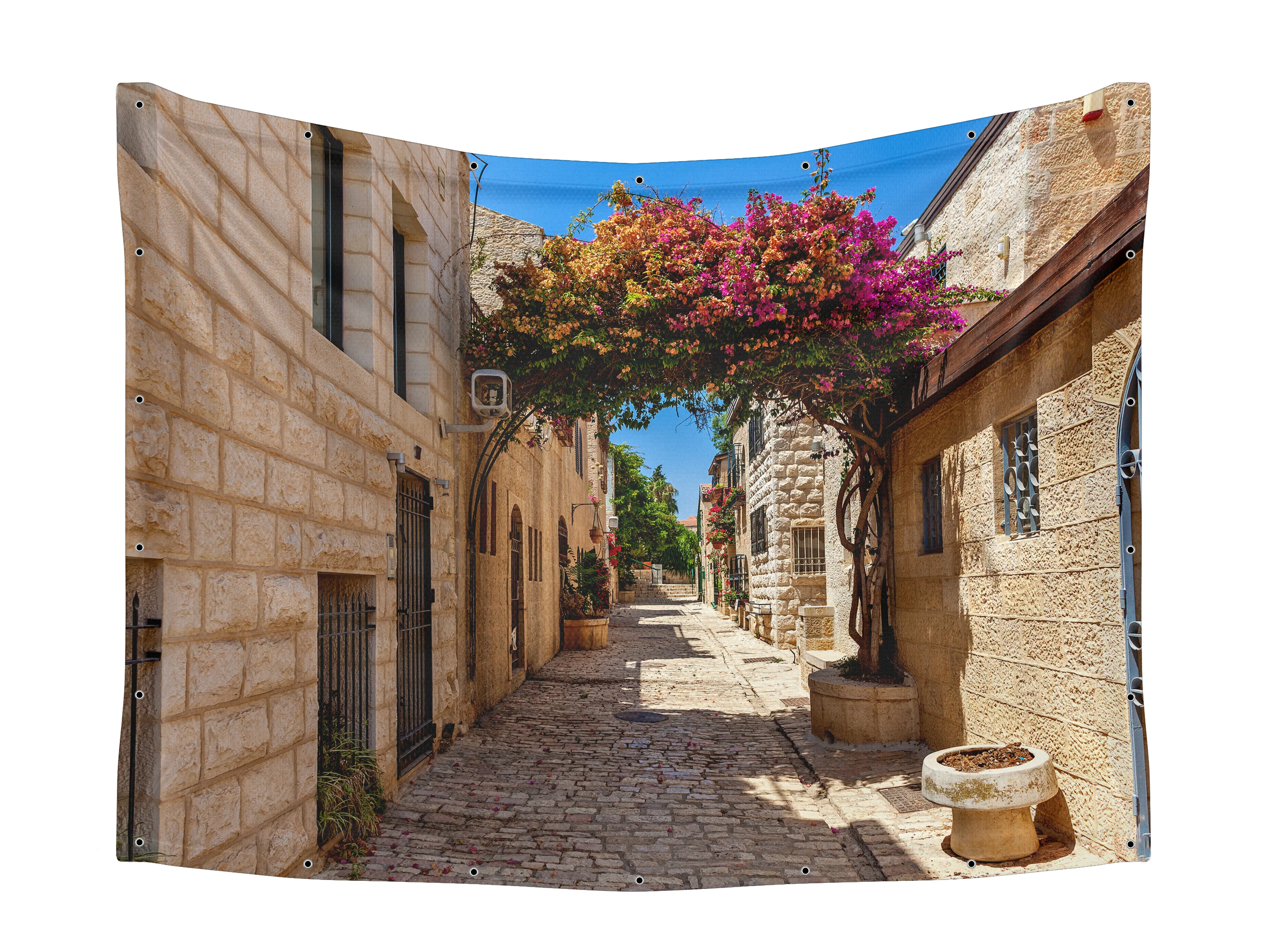 Jerusalem Alley & Floral Bush Fabric - UV & Waterproof Sukkah Decor