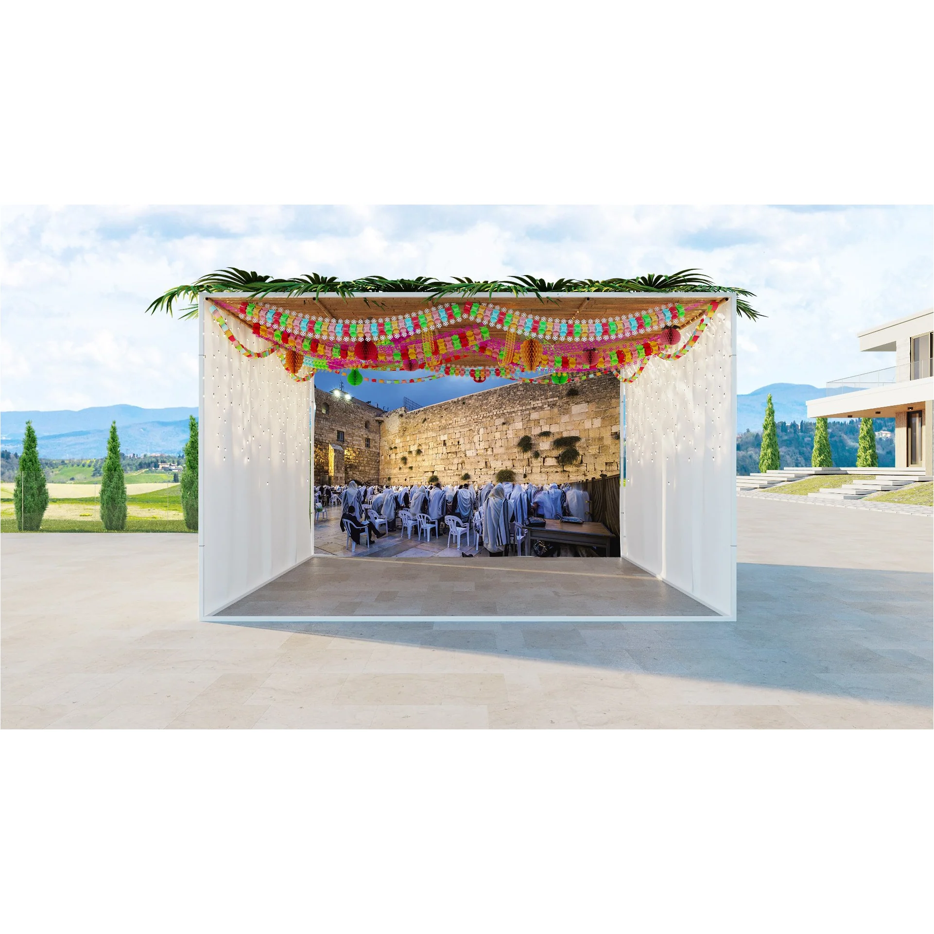 Dawn Prayer at Western Wall Sukkah Fabric - Jerusalem Worshipers Photo