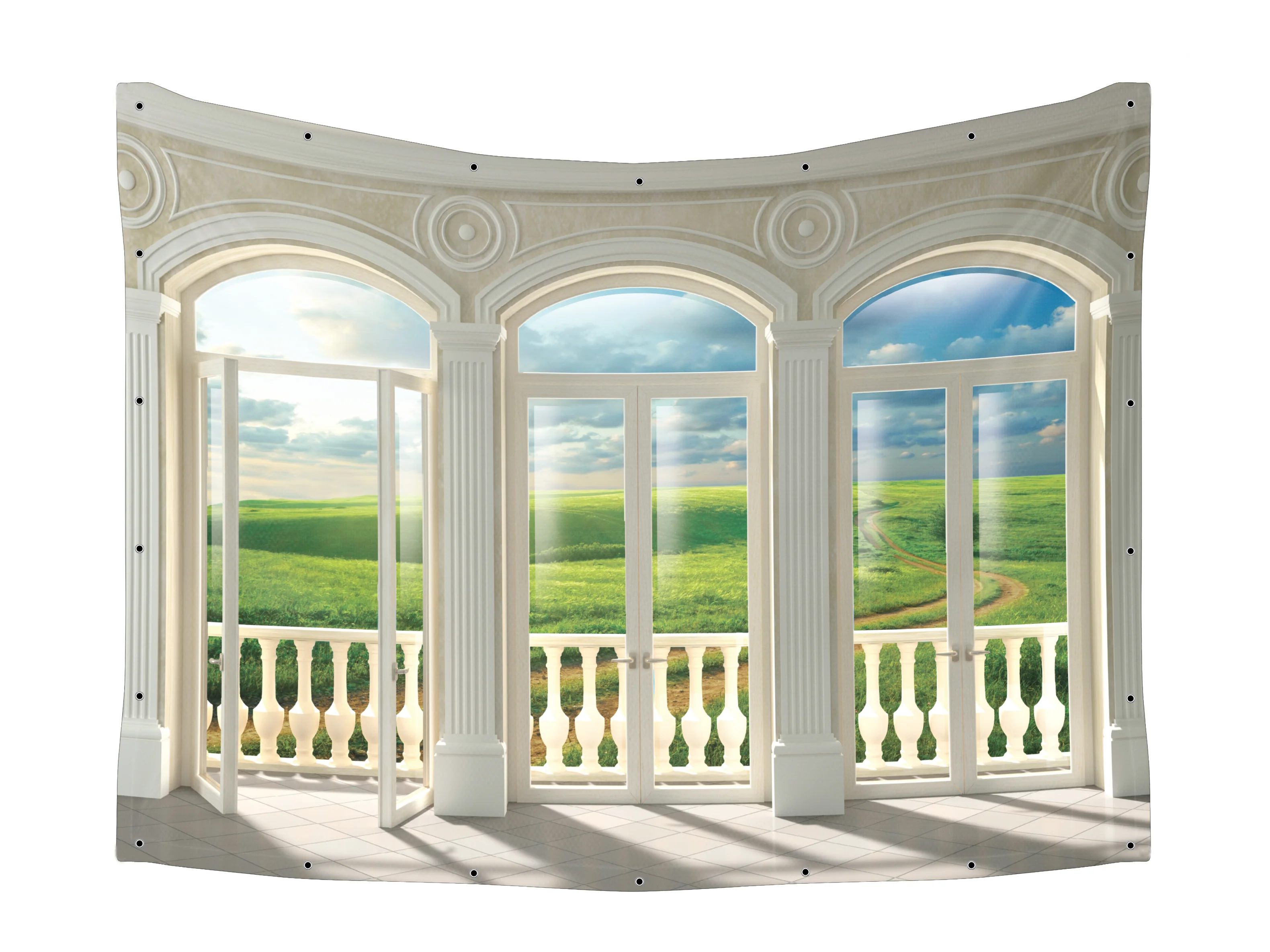 Green Summer Landscape with Blue Sky Balcony View Fabric - Spacious Sukkah Decor