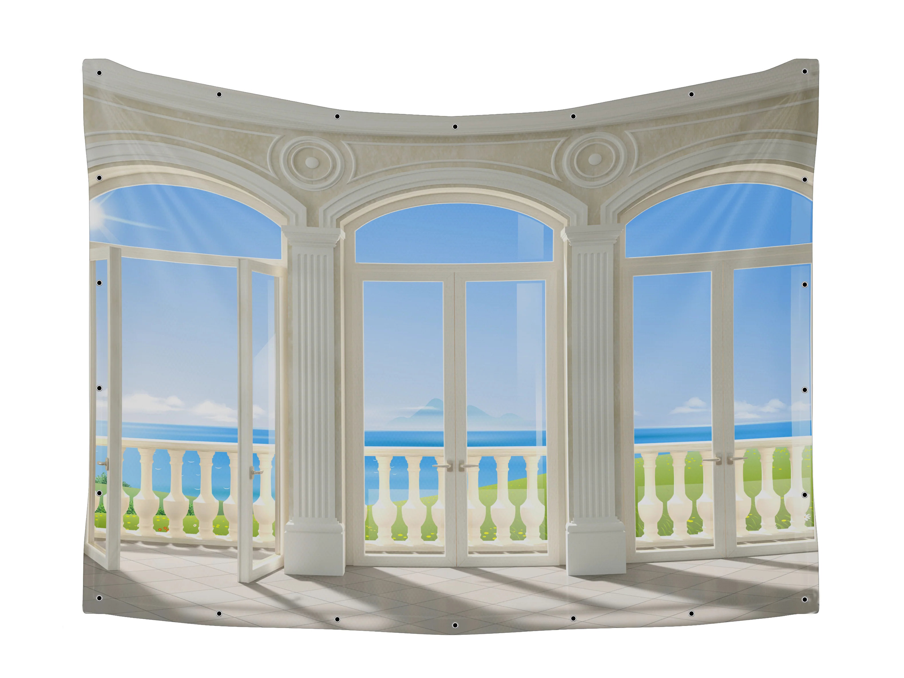 Summer Landscape & Blue Sky Balcony View Fabric - Bright Sukkah Decor