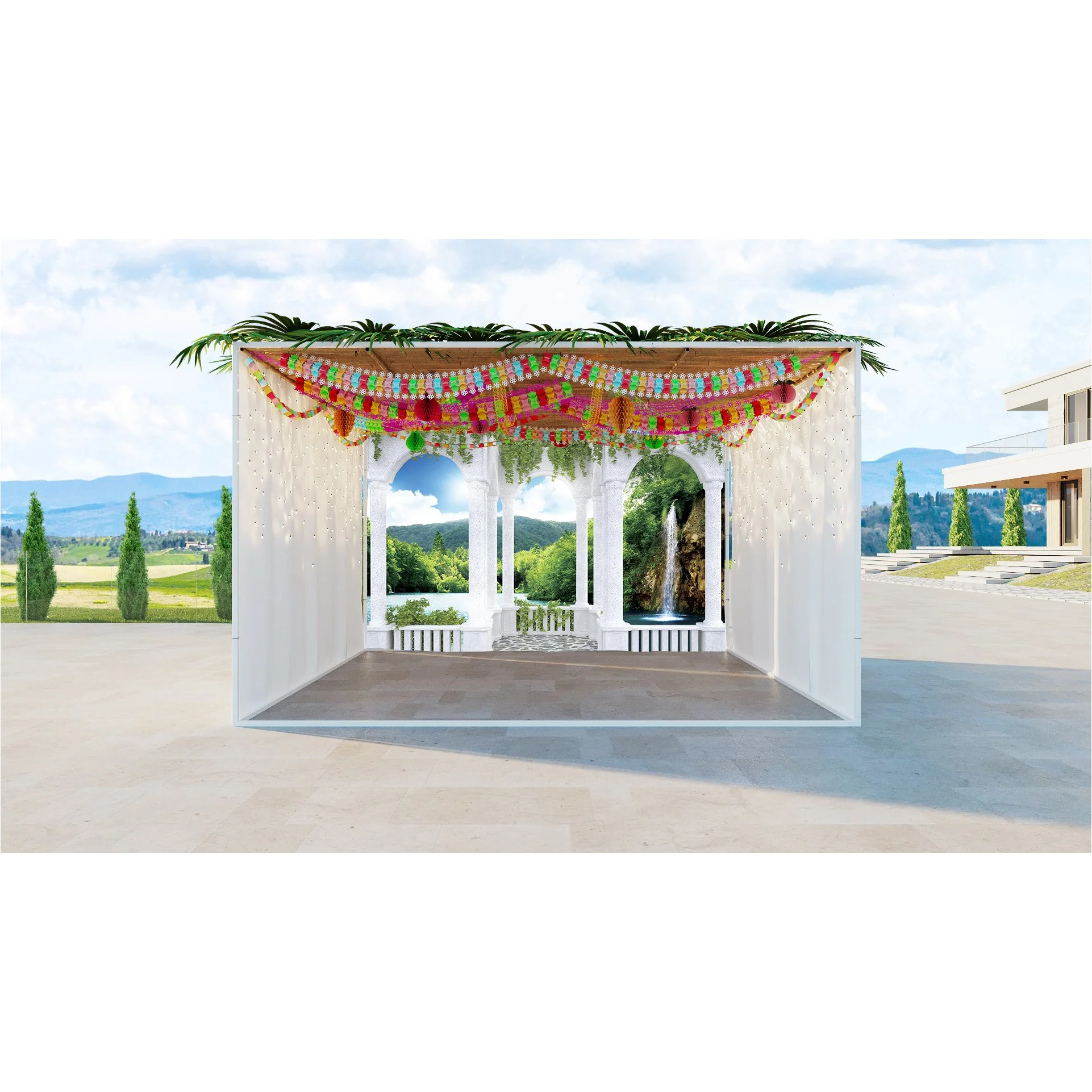 Waterfall & Lake View Fabric - Stone Balcony Design - UV Proof Sukkah Decor