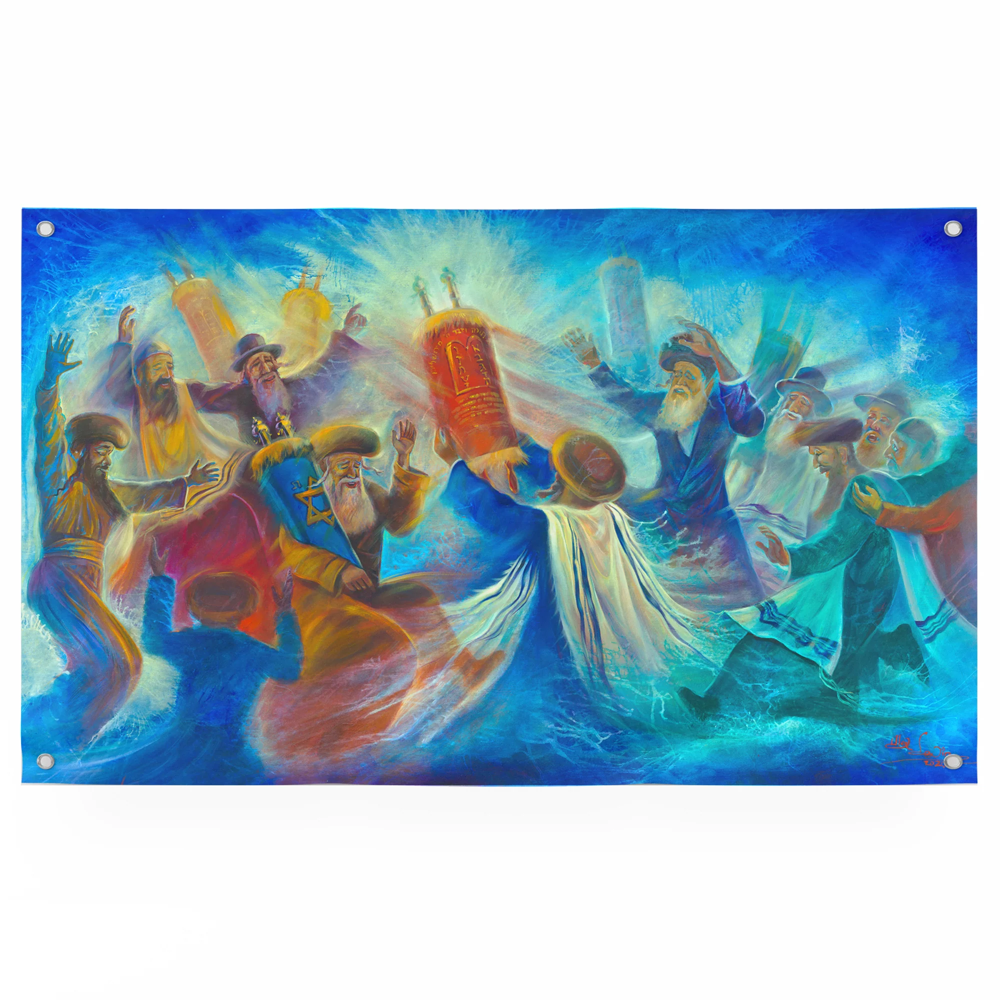 Vibrant Jewish Dancing with the Torah Poster - Colorful Sukkah Art