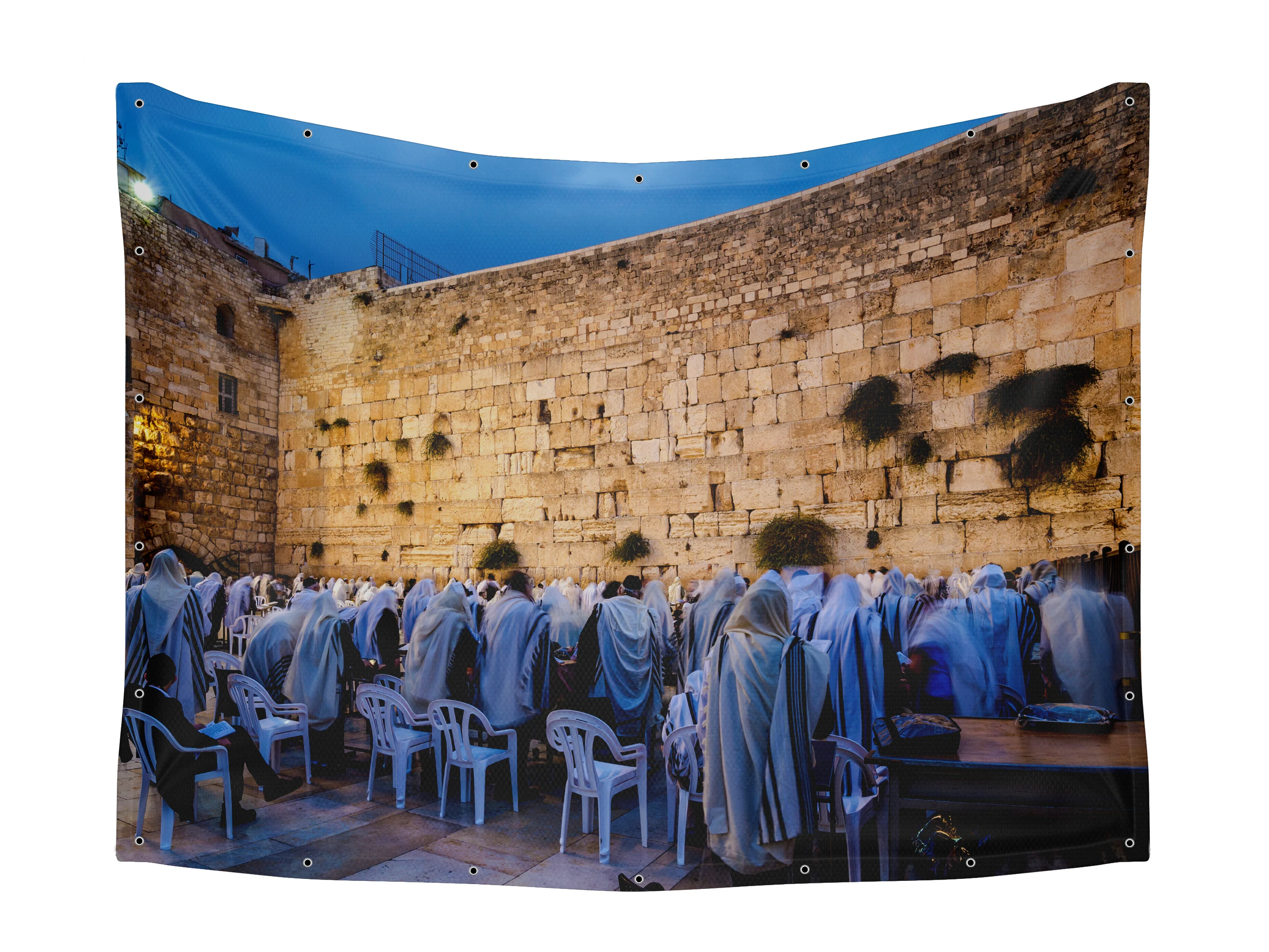 Dawn Prayer at Western Wall Sukkah Fabric - Jerusalem Worshipers Photo