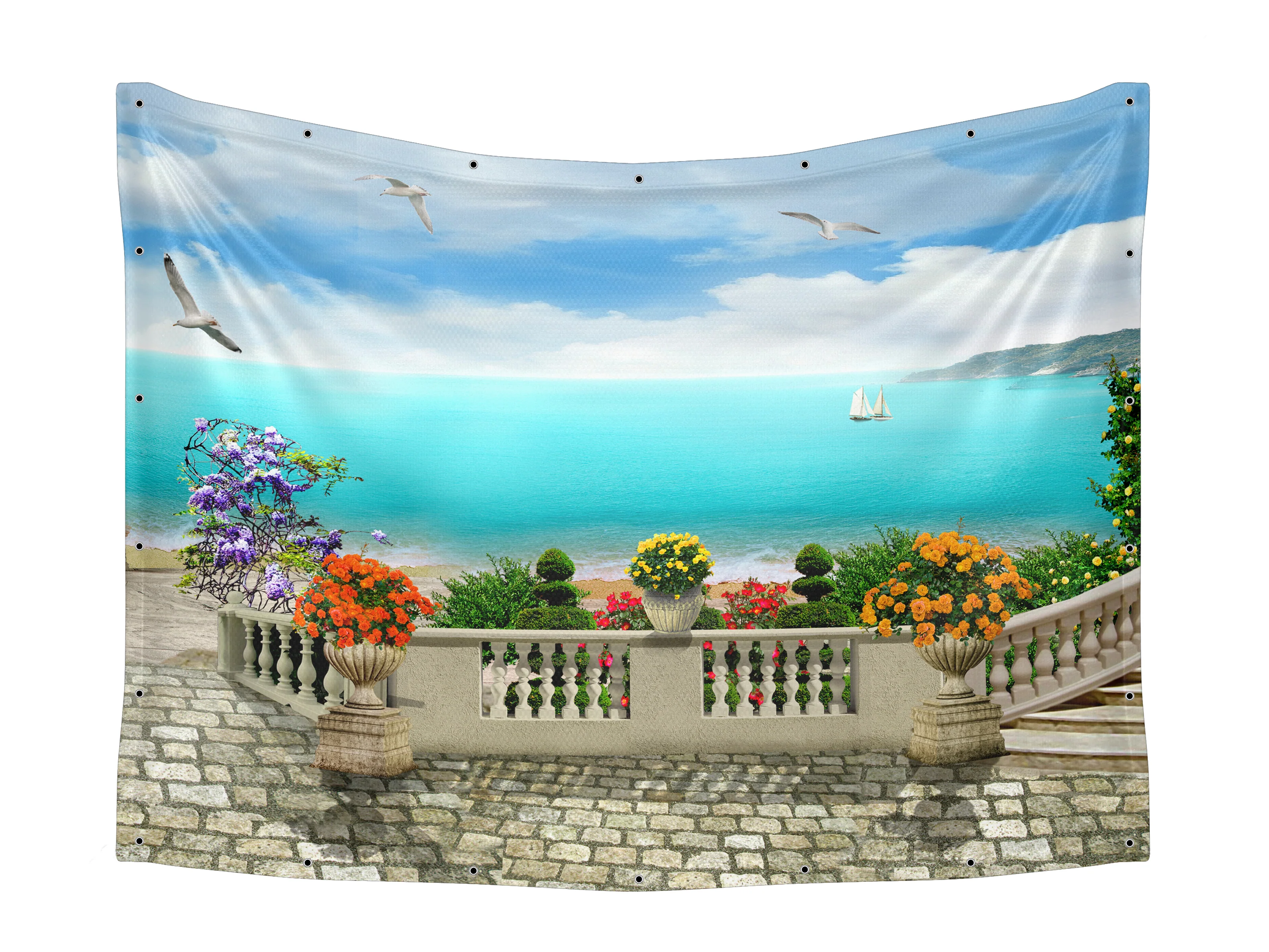 Blue Sea and Sky View Fabric - Stone Balcony with Flower Pots Sukkah Decor