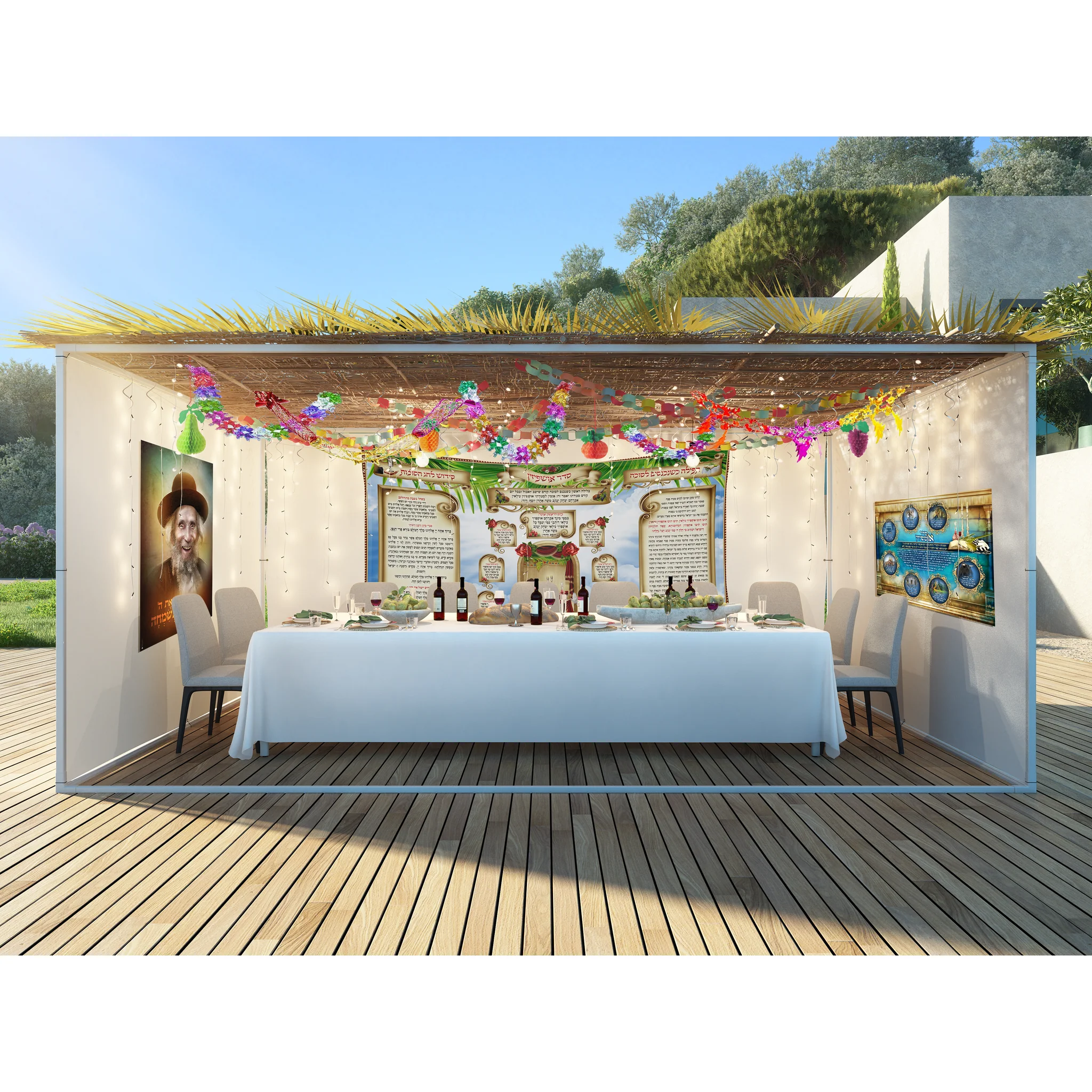 Elegant Sukkot Fabric with Framed Prayers - Blue Sky & Red Roses Design