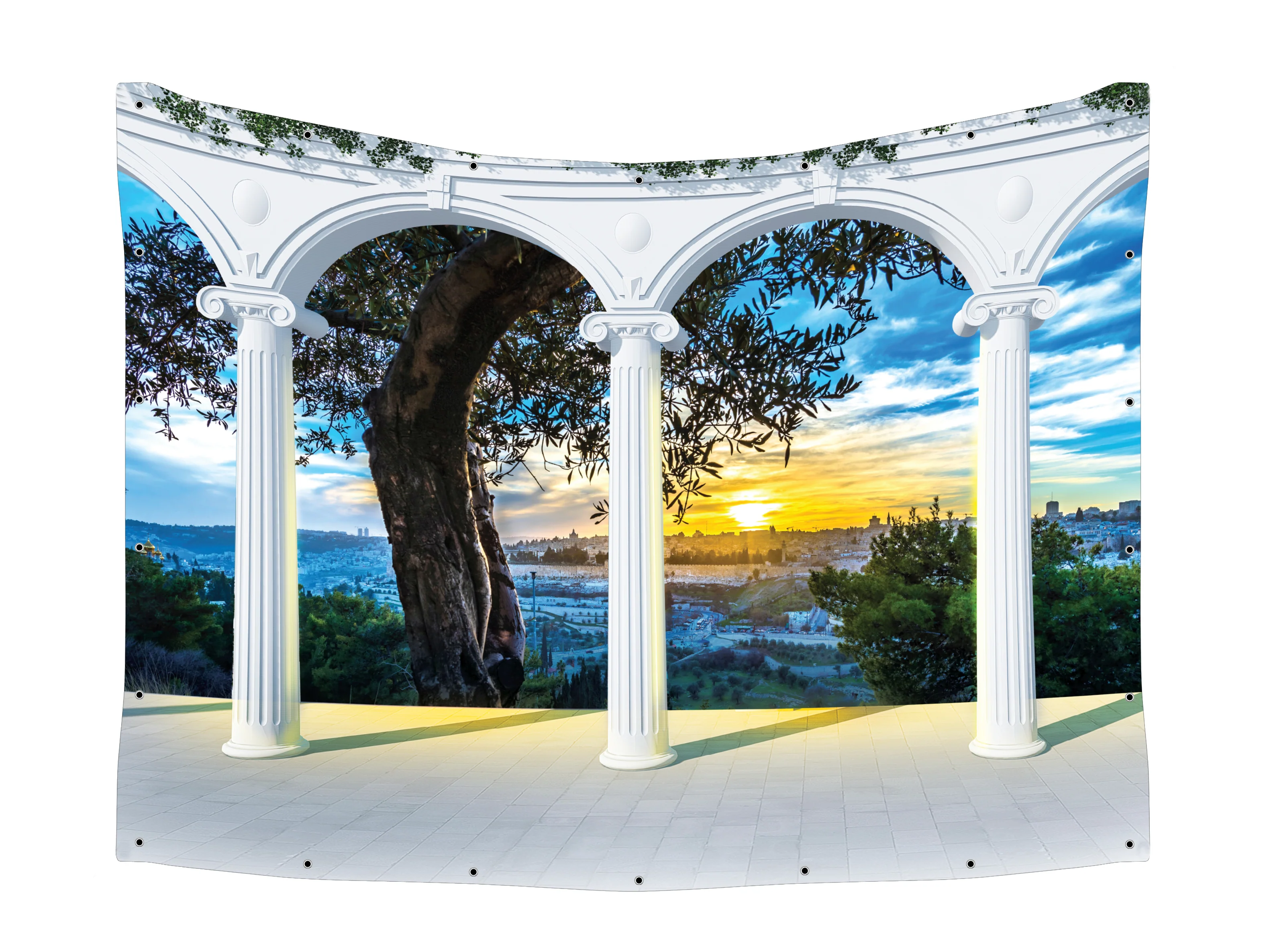 Old City Jerusalem & Olive Balcony Fabric - UV & Waterproof Sukkah