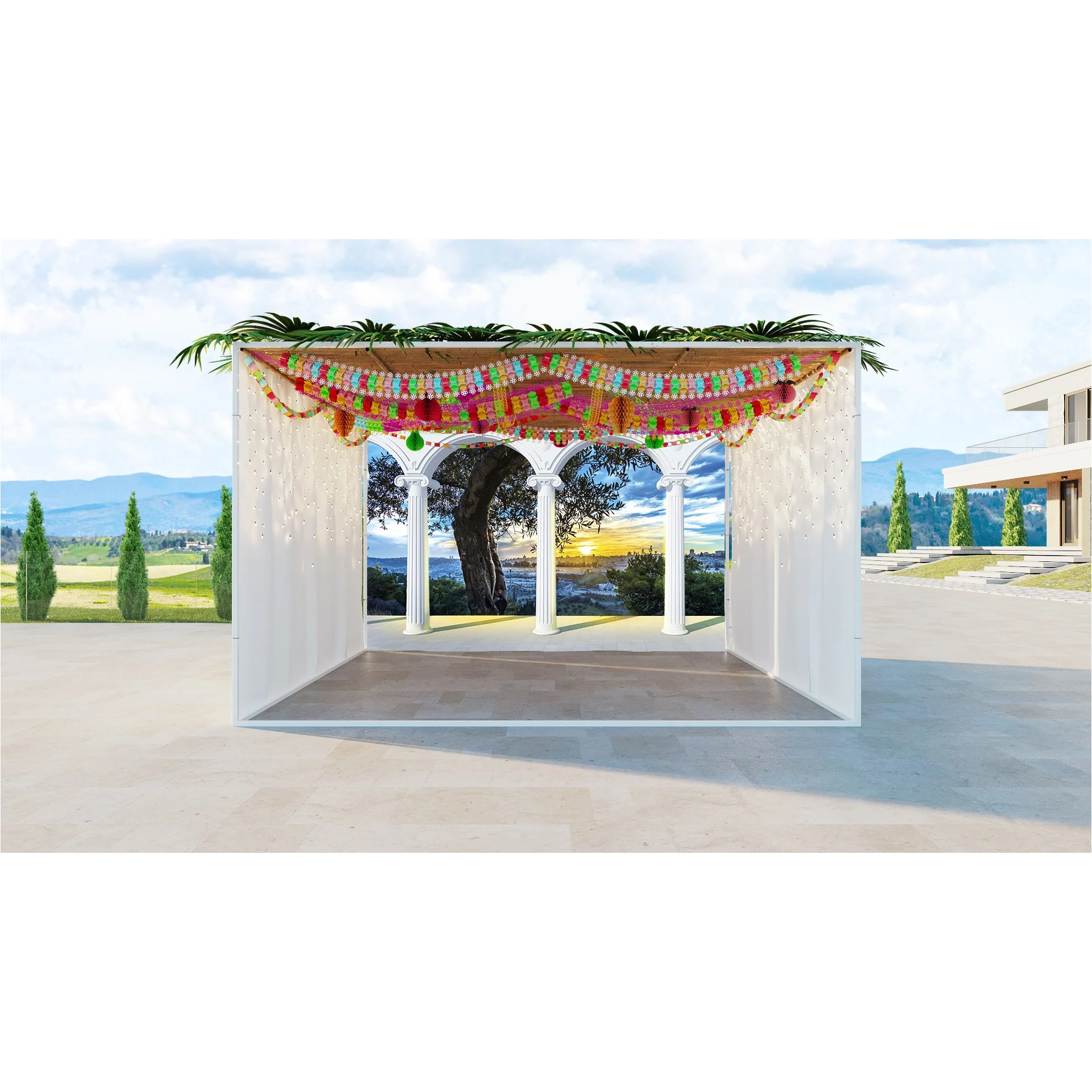 Old City Jerusalem & Olive Balcony Fabric - UV & Waterproof Sukkah