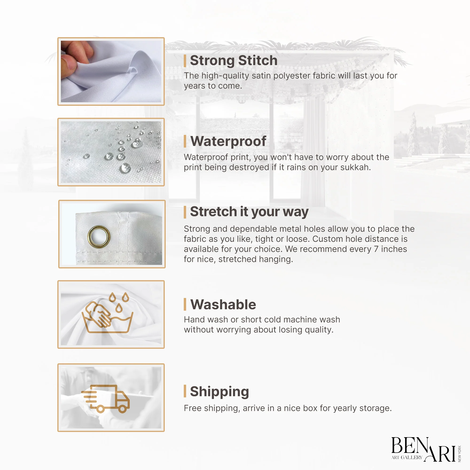 Blue Sea and Sky View Fabric - Stone Balcony with Flower Pots Sukkah Decor