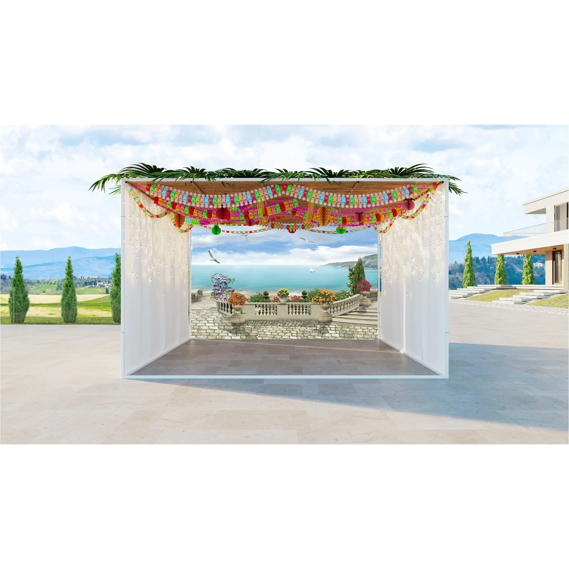 Blue Sea and Sky View Fabric - Stone Balcony with Flower Pots Sukkah Decor