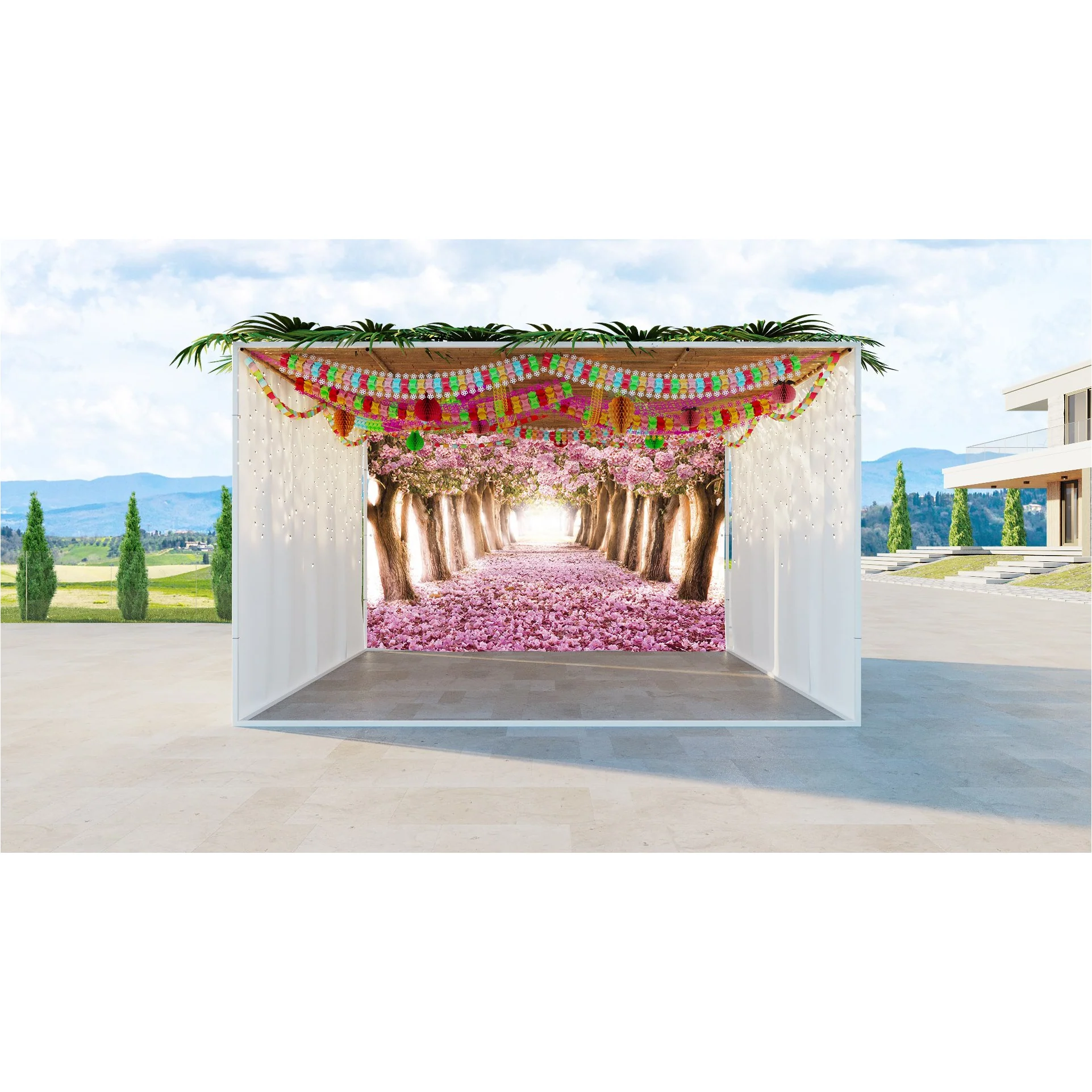 Cherry Orchard Blossom Sukkah Fabric - Pink Blossoms Landscape