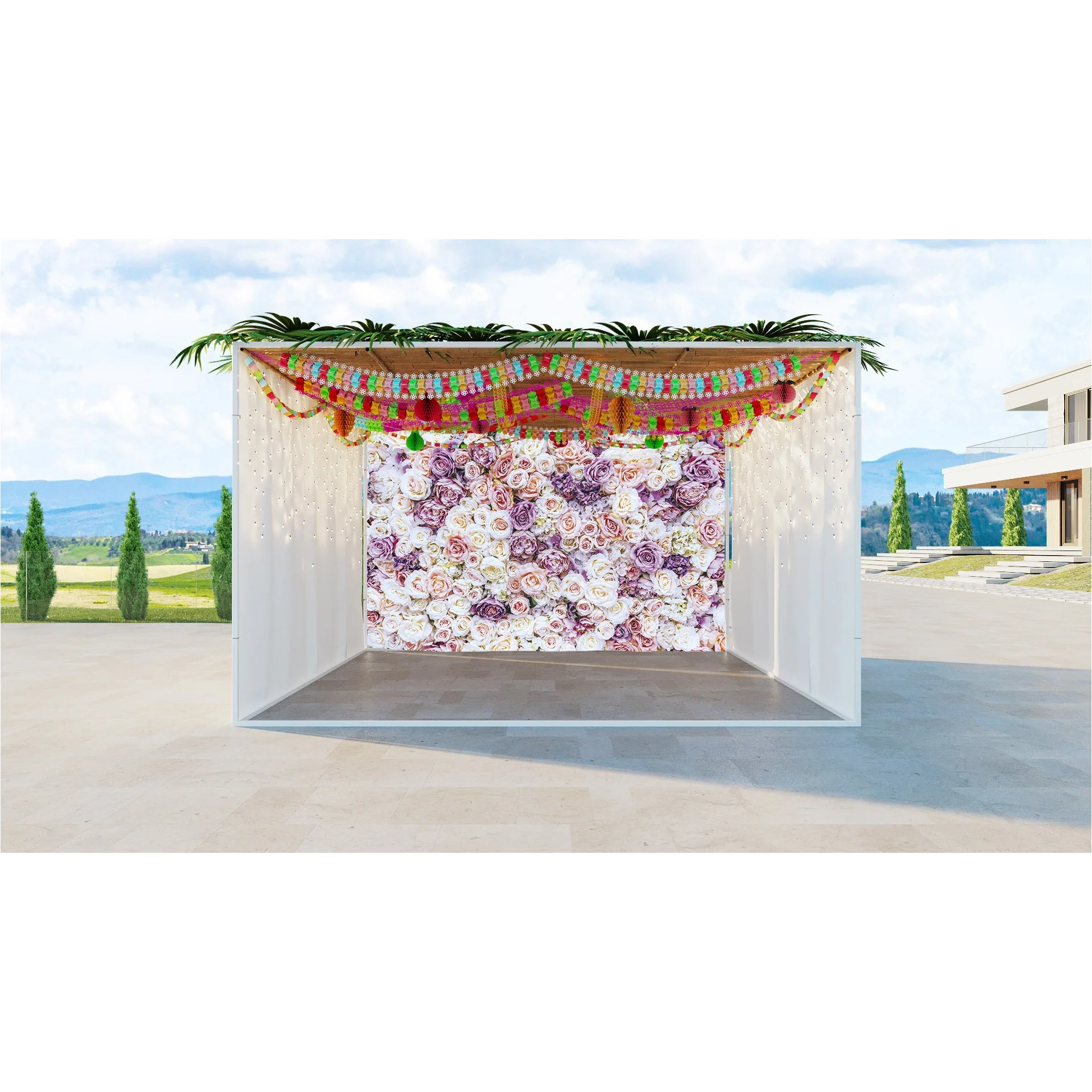 Pink and White Roses Floral Sukkah Fabric - Elegant Flower Design - UV & Waterproof