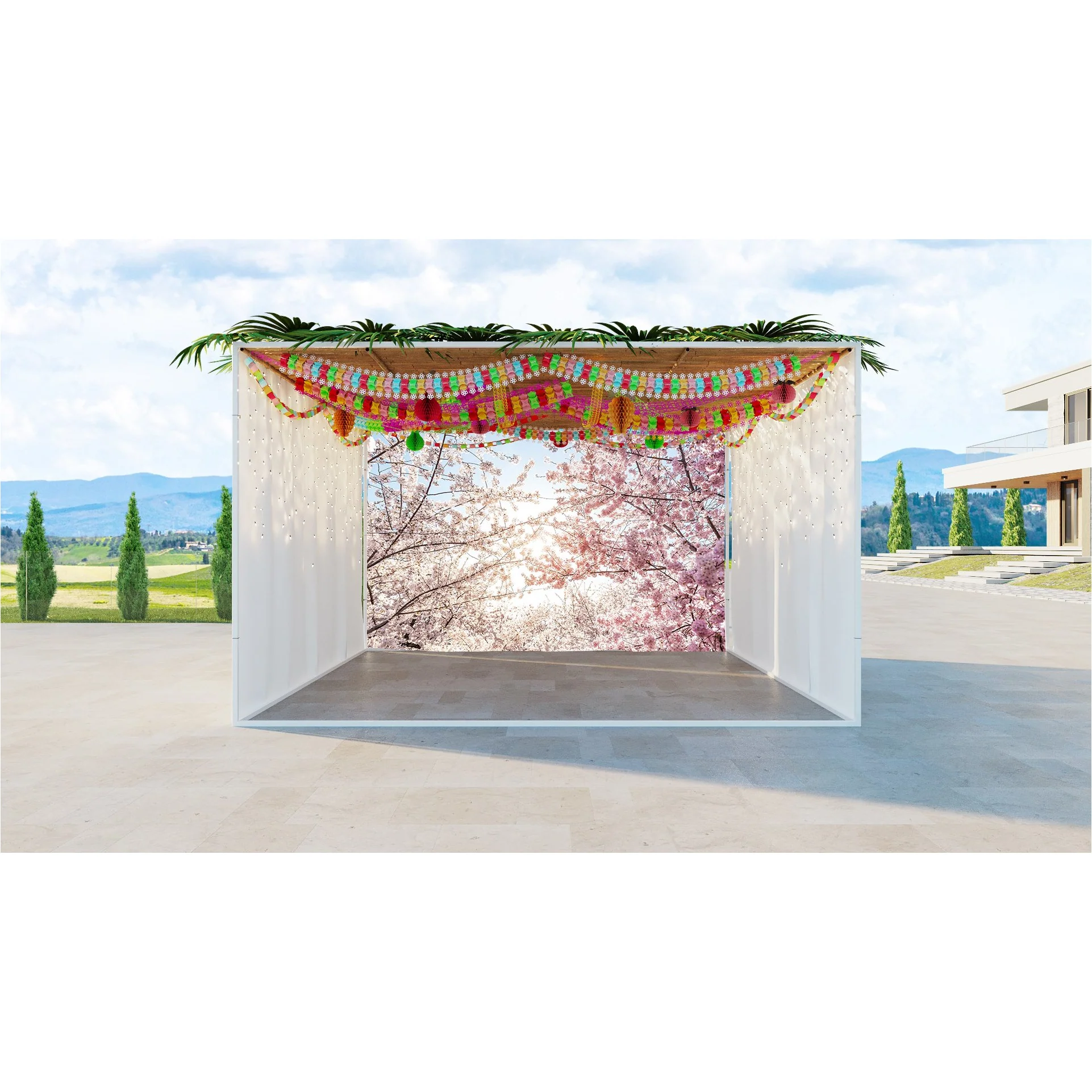 Cherry Blossom-Themed Sukkah Fabric - Pink & White Blossoming Branches