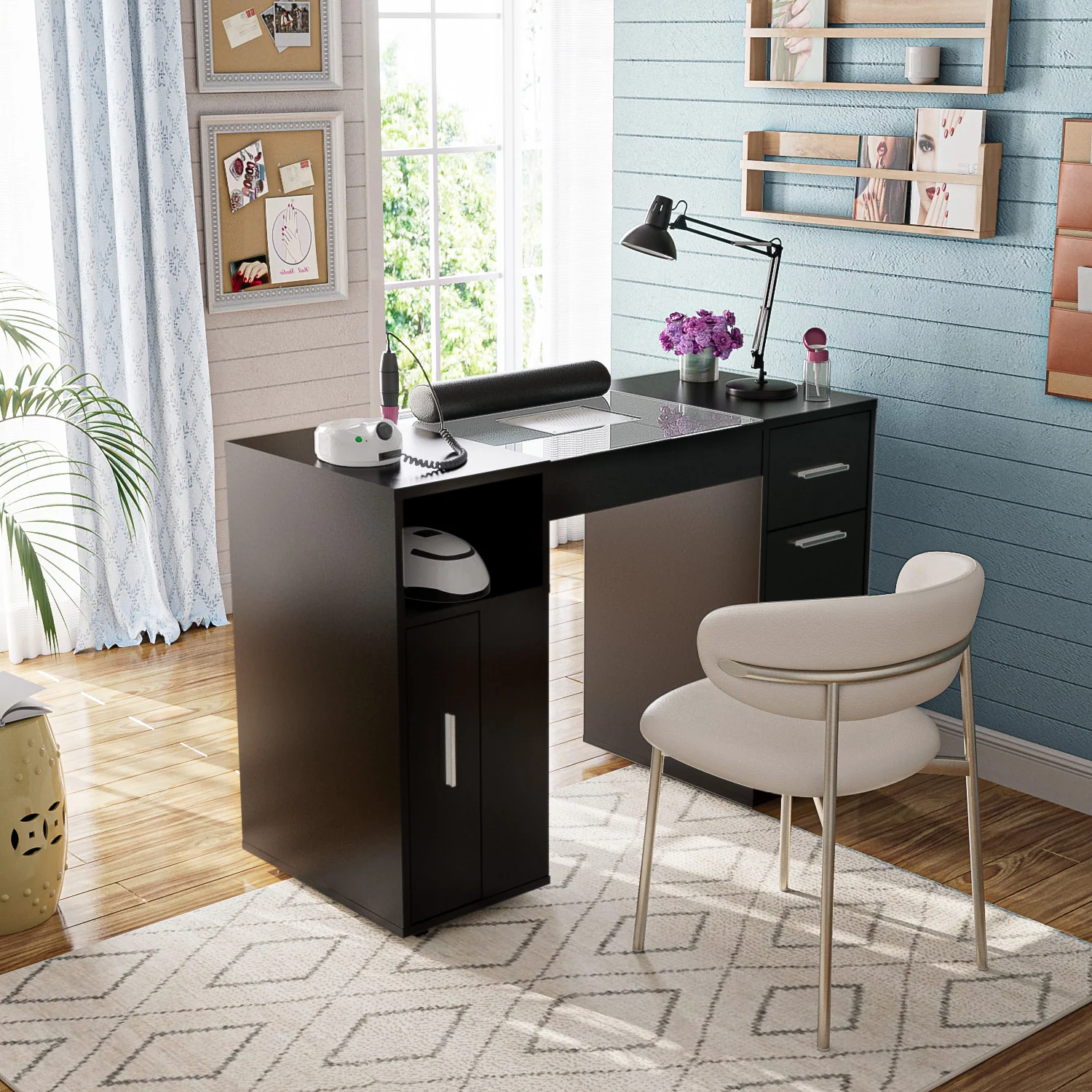 Advwin Nail Desk w/ Acetone-Resistant Glass Table Top