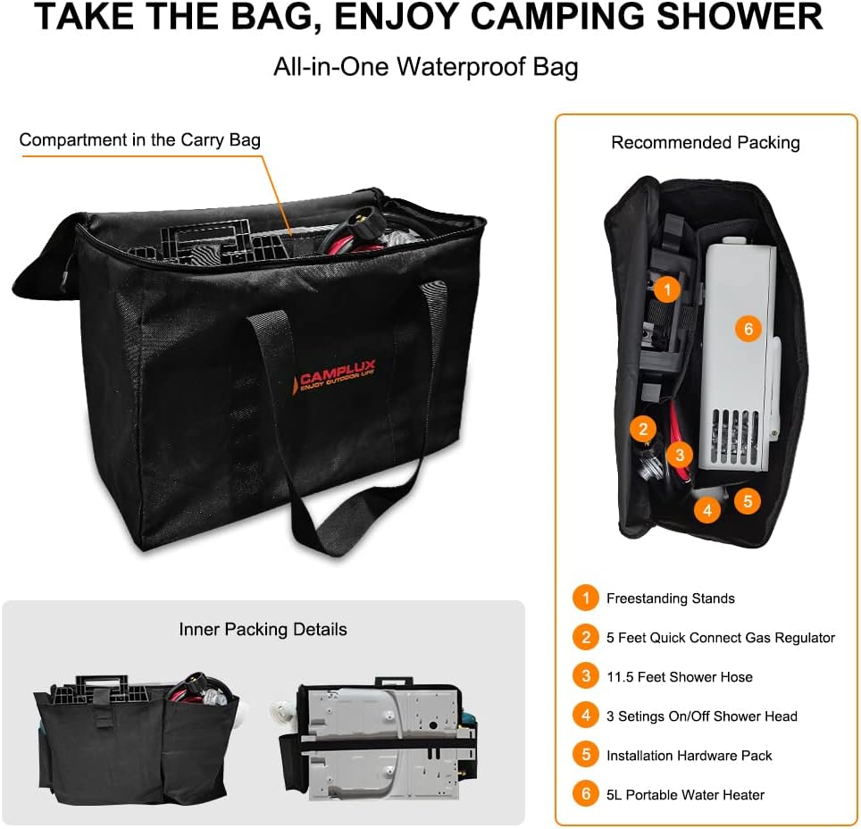 Portable Tankless Water Heater, 1.32 GPM Outdoor Camping Propane Gas Water Heaters w/Freestanding Stand and Carry Bag