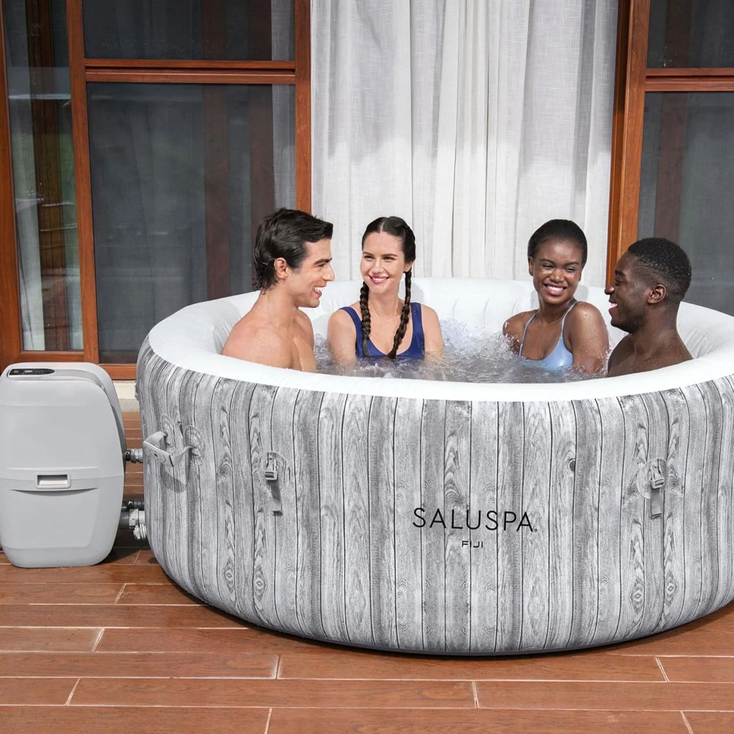 Large Round 2 to 4 Person Inflatable Hot Tub Portable Outdoor Spa with 120 AirJets and EnergySense Cover, Grey