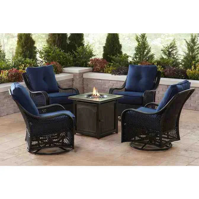 5-Piece Steel Patio Fire Pit Conversation Set with Navy Blue Cushions, Swivel Gliders and Square Fire Pit Table