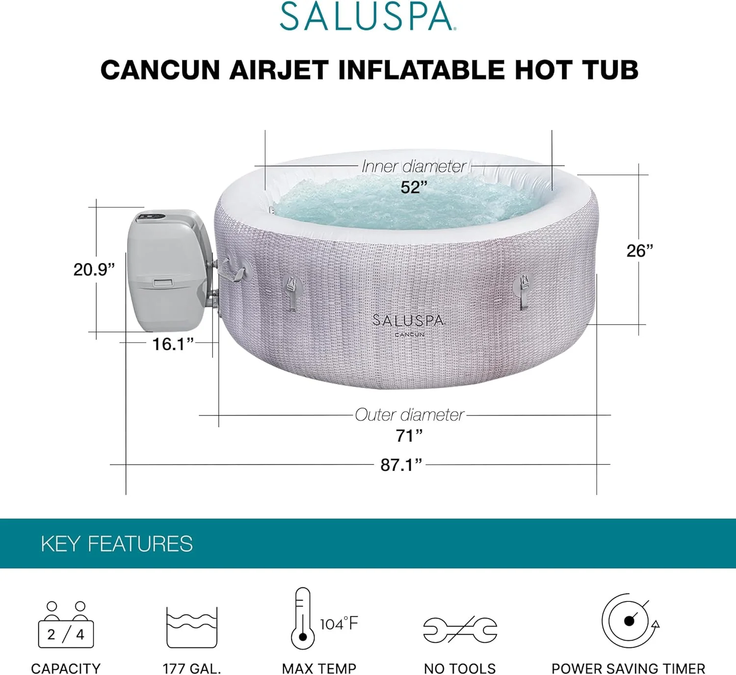 Large Round 2 to 4 Person Inflatable Hot Tub Portable Outdoor Spa with 120 AirJets and EnergySense Cover, Grey