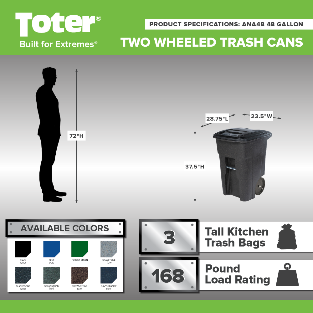 Toter 48 Gallon Durable Trash Can with Smooth Wheels & Lid, Green