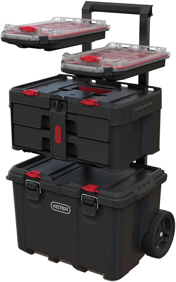 Stack-n-Roll Modular Tools Organizer for Garage Storage and DIY, 3 Piece Resin Rolling Tool Box System for Small Parts