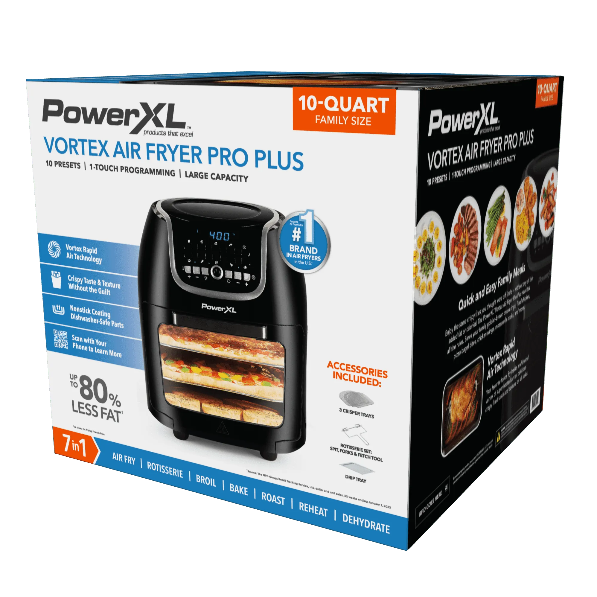 PowerXL Vortex Air Fryer Pro Plus 10 Quart Capacity, Black, 1700 Watts,