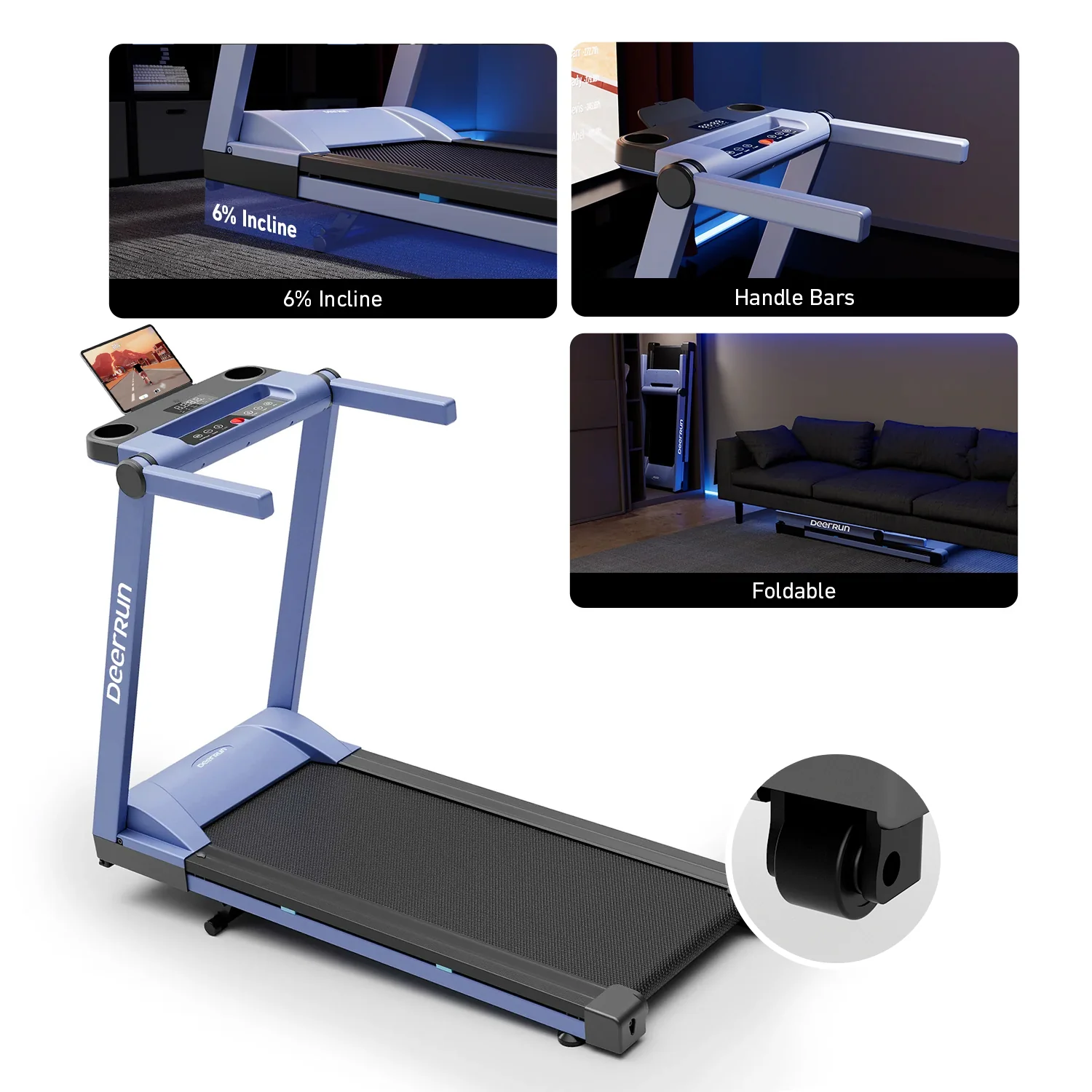 DeerRun A1 Pro Move+  6% Incline Foldable Treadmill——2025 Upgraded Chip & NFC Support | 350Lbs, 10mph Blue