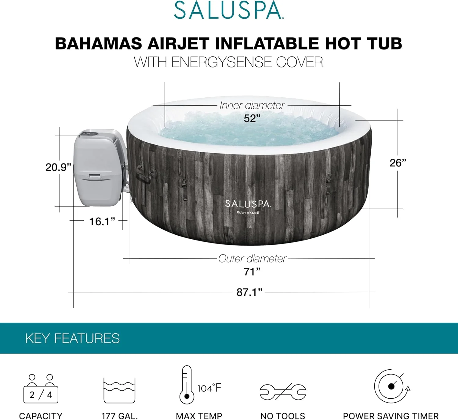 Large Round 2 to 4 Person Inflatable Hot Tub Portable Outdoor Spa with 120 AirJets and EnergySense Cover, Grey