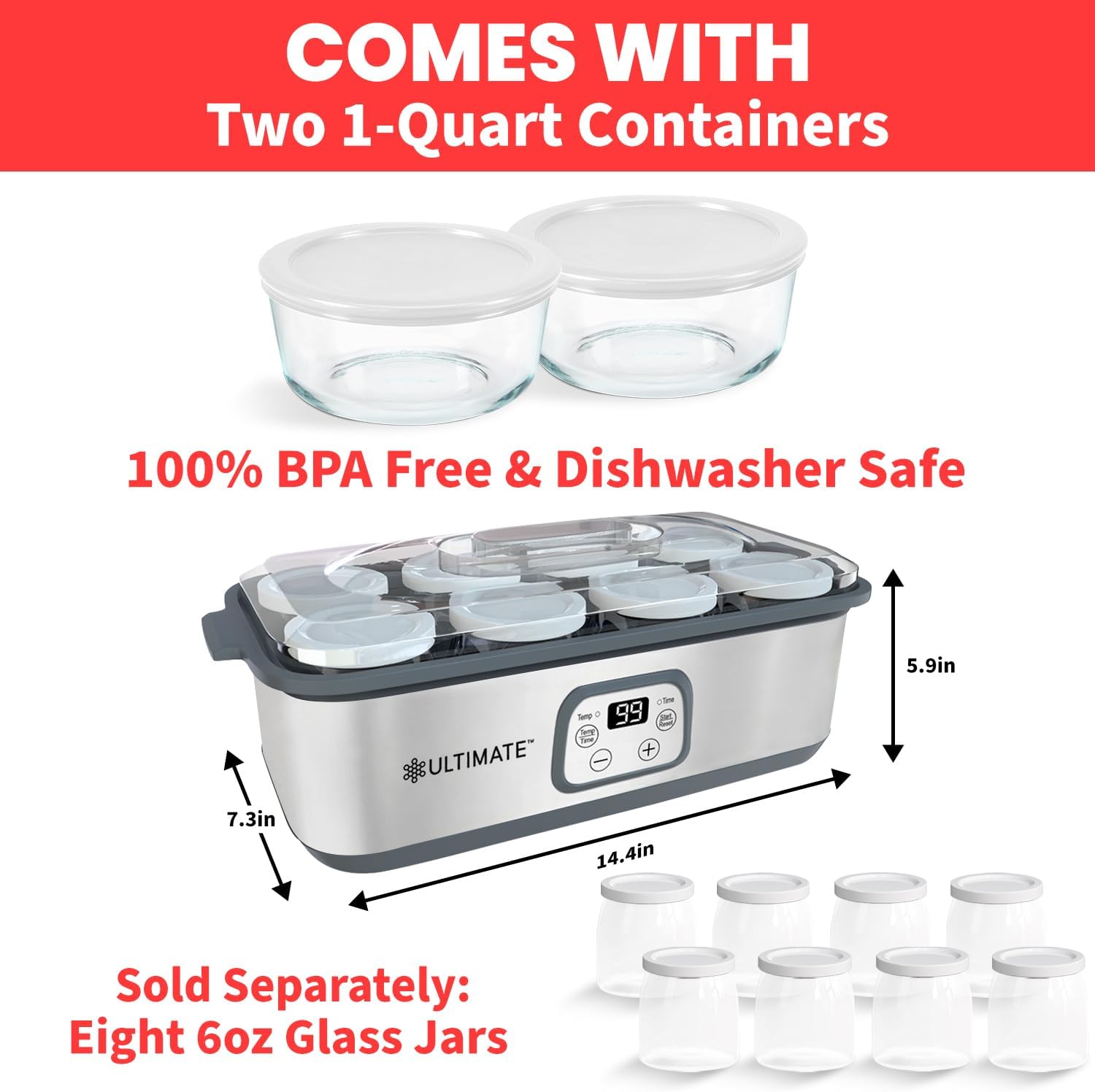 Ultimate Probiotic Yogurt Maker with Two 1-Quart Containers for Larger Batches   Make Trillions of Live Probiotics with Adjustable Temp   Time Control   Best Greek Yogurt Maker   LIFETIME WARRANTY
