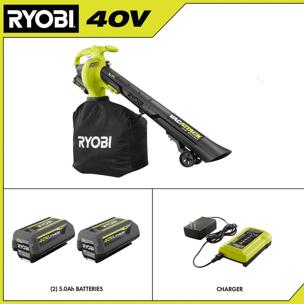 2025 RYOBI 40V Vac Attack Cordless Leaf VacuumMulcher with (2) 5.0 Ah Batteries and (1) Charger RY40451-2B