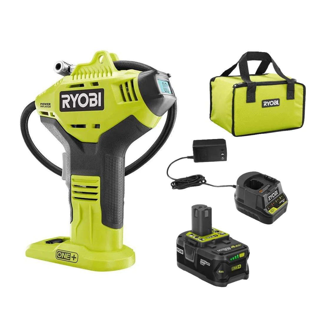 2025 Ryobi P737D 18-Volt One+ Cordless High Pressure Inflator with Digital Gauge, 4.0 Ah 18-Volt One+ High Capacity Lithium-Ion Battery, Charger, and Bag