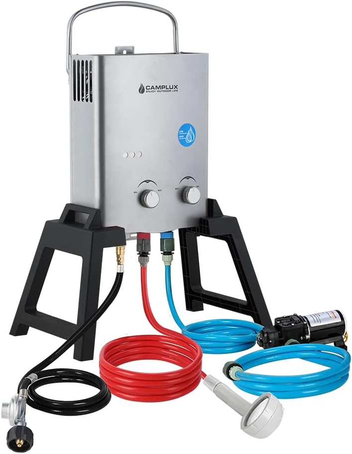 Portable Tankless Water Heater, 1.32 GPM Outdoor Camping Propane Gas Water Heaters w/Freestanding Stand and Carry Bag