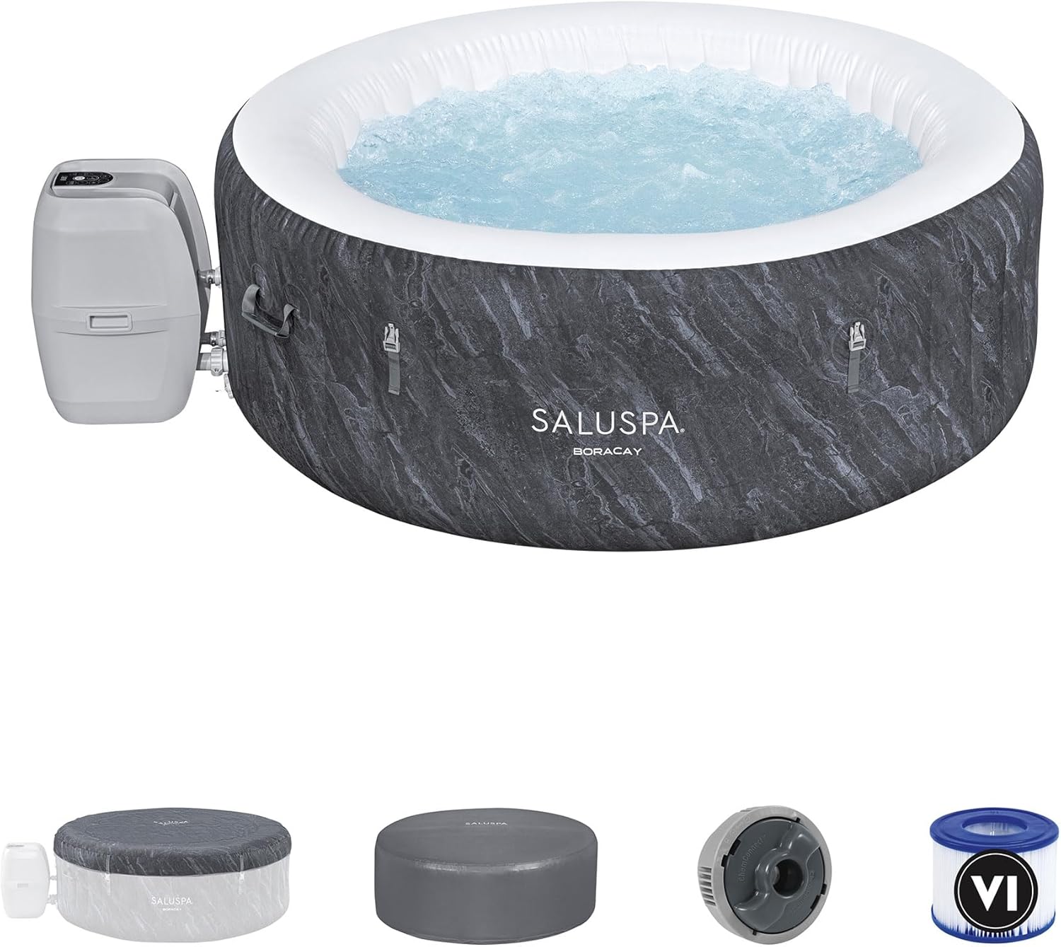 Large Round 2 to 4 Person Inflatable Hot Tub Portable Outdoor Spa with 120 AirJets and EnergySense Cover, Grey