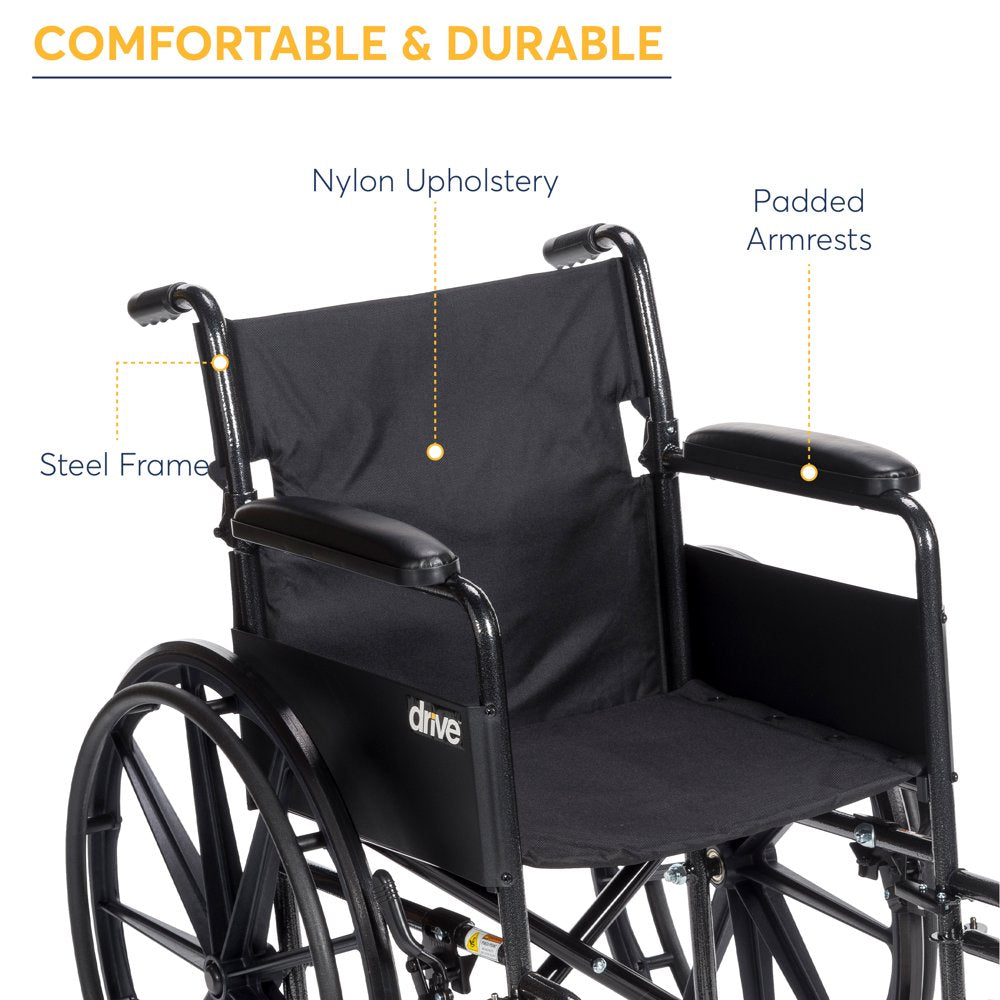 Drive Medical Silver Sport 1 Wheelchair, Full Arms, Removable Footrest, 250 lbs Capacity, Steel Frame