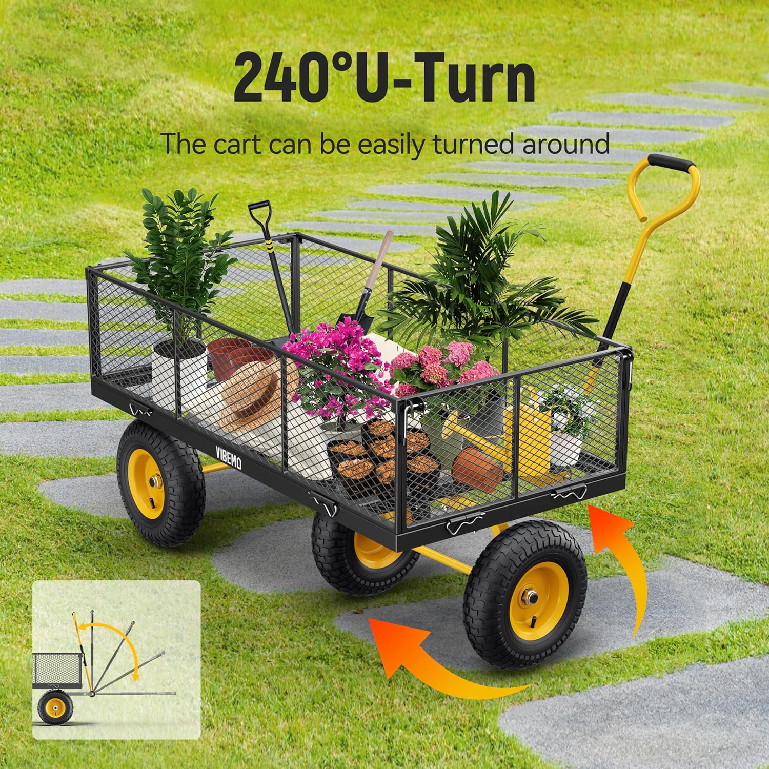 Steel Garden Cart, 2-in-1 1400 lbs Heavy Duty Utility Wagon, with Removable Mesh Sides to Convert into Flatbed, 240° U-Turn 13