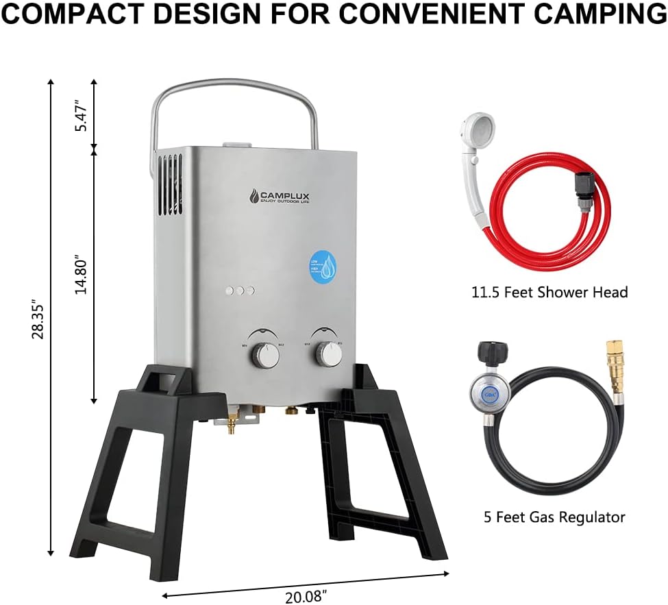 Portable Tankless Water Heater, 1.32 GPM Outdoor Camping Propane Gas Water Heaters w/Freestanding Stand and Carry Bag