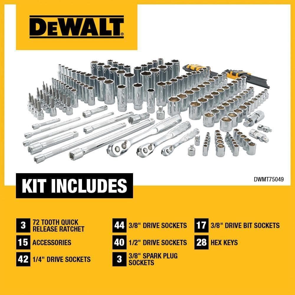DEWALT Mechanics Tool Set, SAE and Metric, 1/2, 1/4, 3/8 Drive Sizes, 192-Piece (DWMT75049)