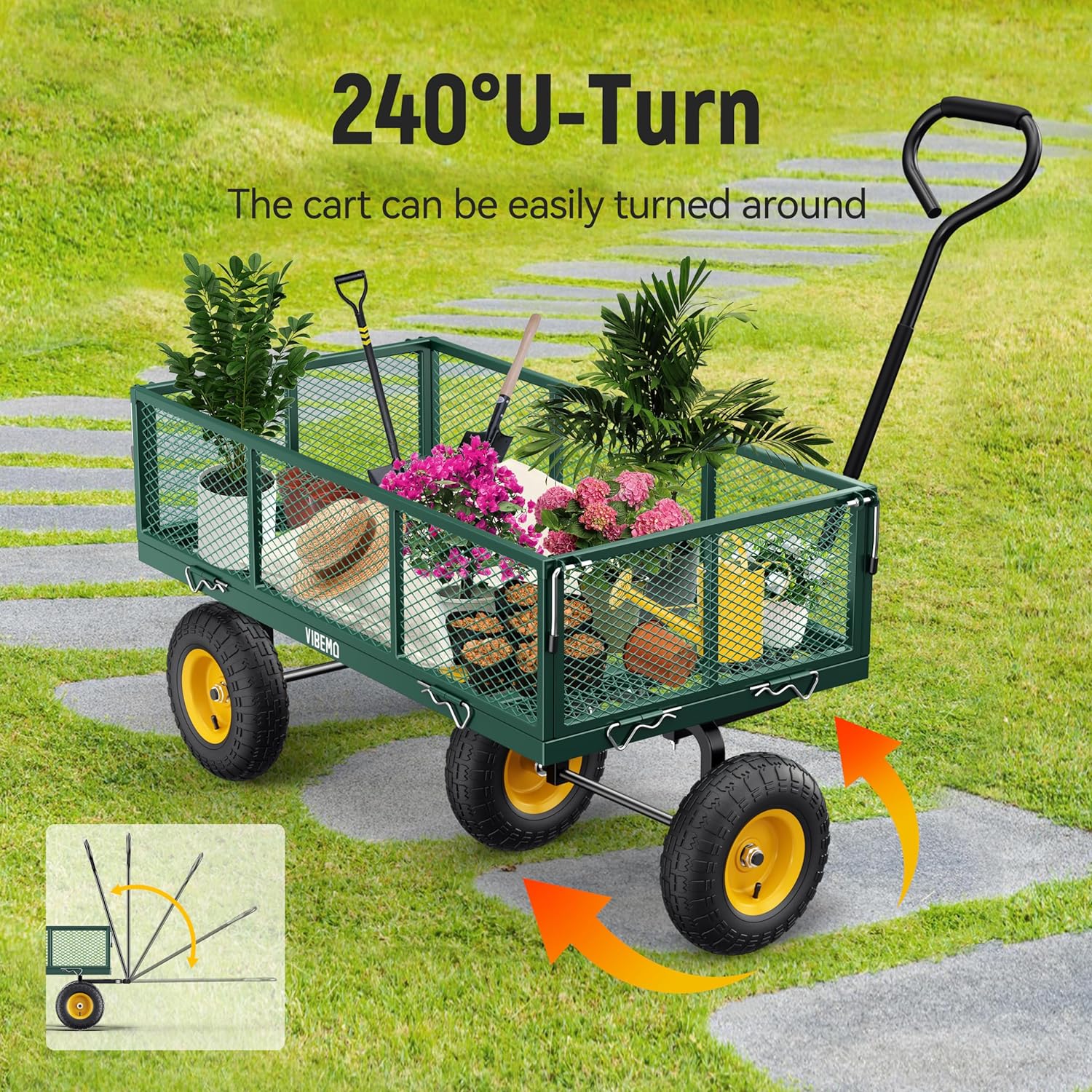 Steel Garden Cart, 2-in-1 1400 lbs Heavy Duty Utility Wagon, with Removable Mesh Sides to Convert into Flatbed, 240° U-Turn 13